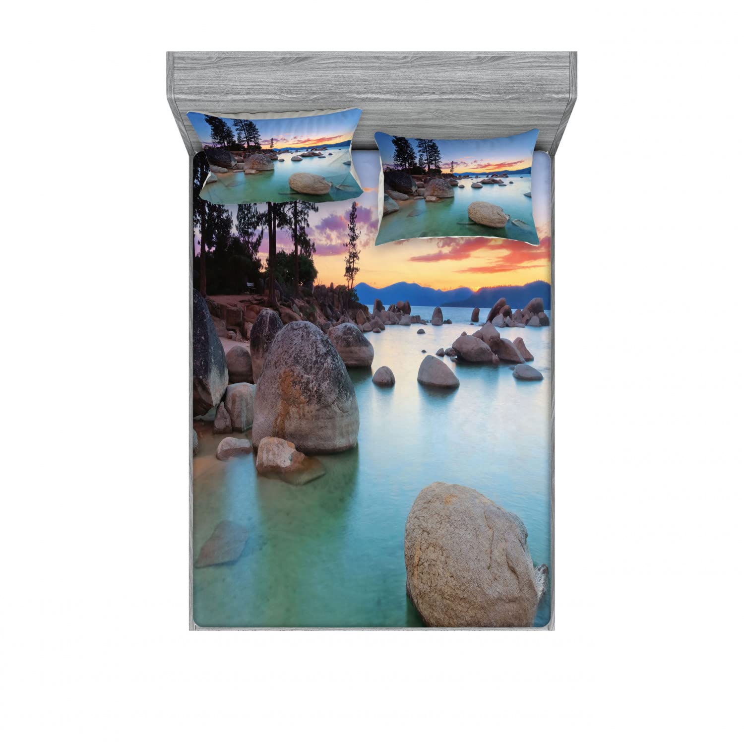 Ambesonne Nautical 2-Piece Queen Fitted Sheet Set with 4 Pillow Shams - Romantic Lake Sunset Design, Blue Grey Coastal Bedding for Master Bedroom & Guest Room Decor