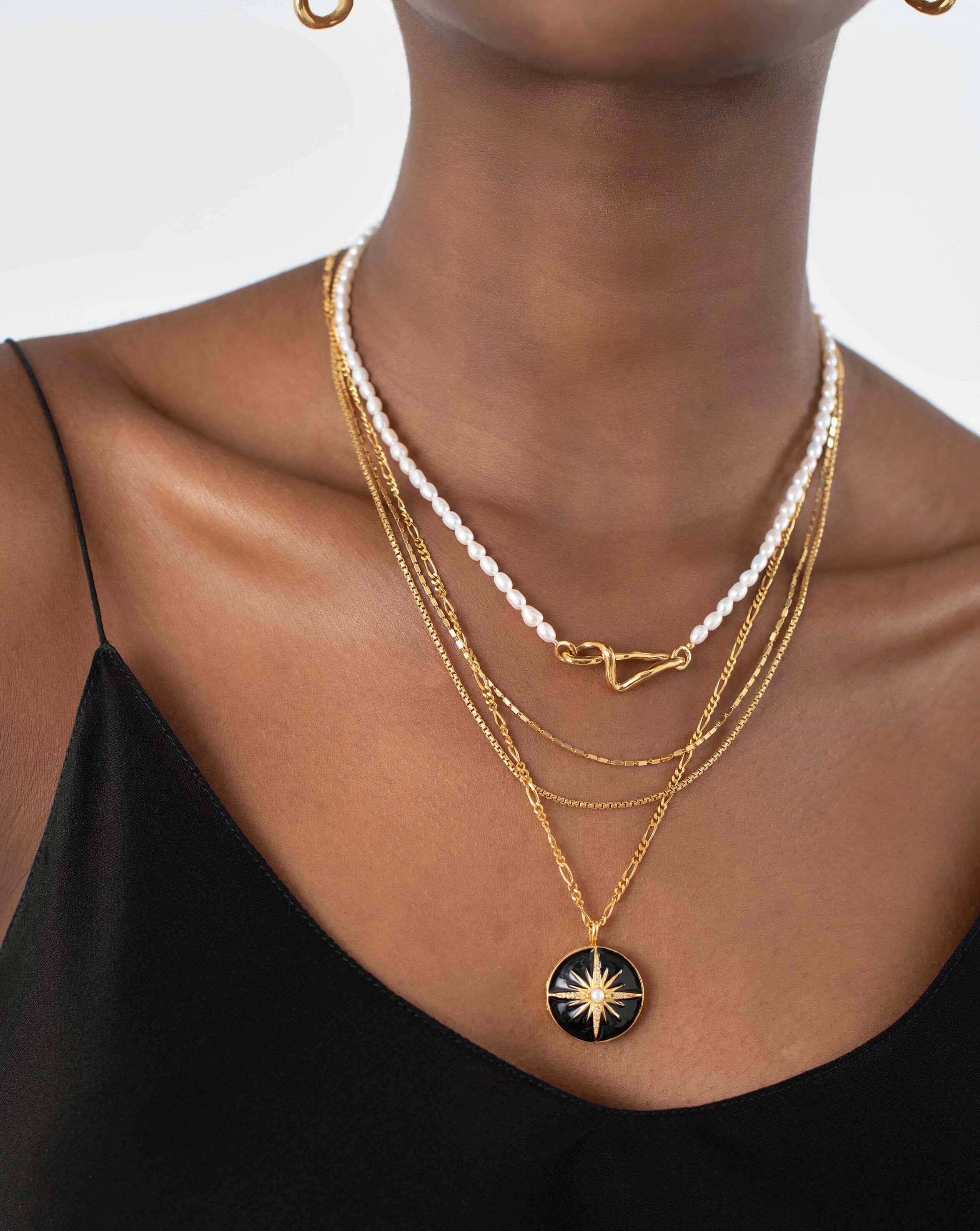 Harris Reed Rising Star Locket Necklace - 18k Gold Plated with Pearl & Black Enamel | Elegant Jewelry Gift for Women, Perfect for Weddings, Anniversaries and Special Occasions