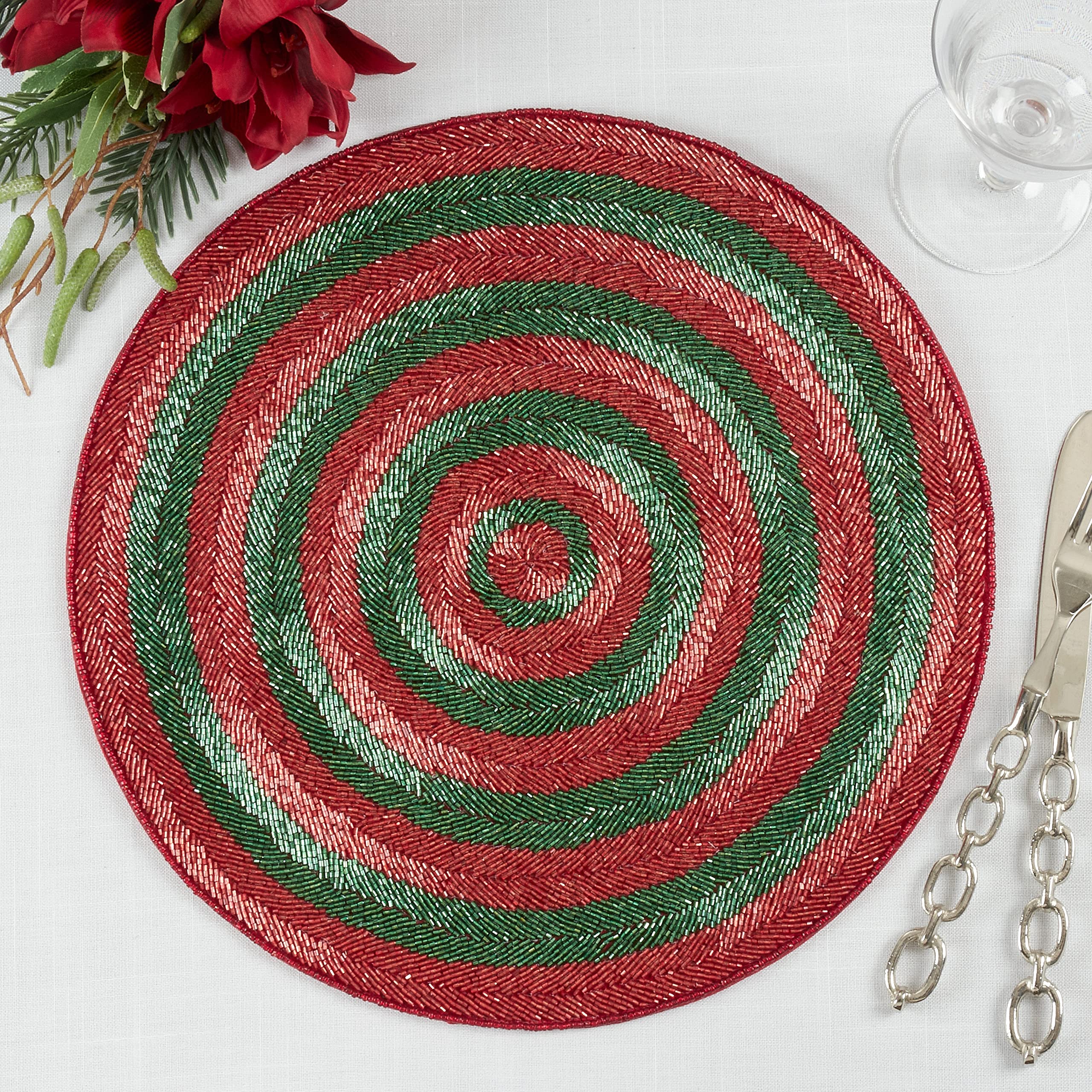 Circle Design Beaded Placemats Set of 4 - Round Handwoven Table Mats in Green & Red for Dining Table Decor, Wedding, Party, and Home Decoration