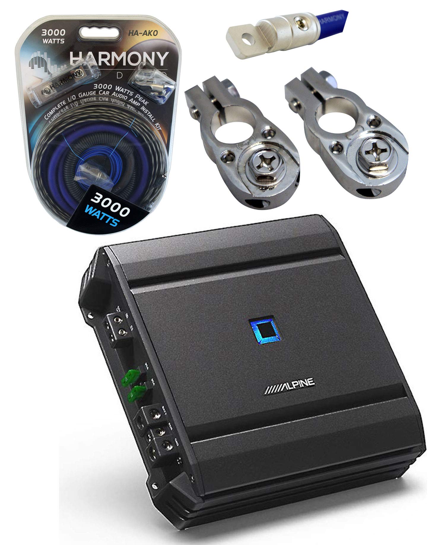 Harmony Audio Alpine S-A60M 1200W Class D Car Subwoofer Amplifier with 0GA Amp Kit - High Power Bass Boost for Trucks, SUVs, and Custom Car Audio Systems