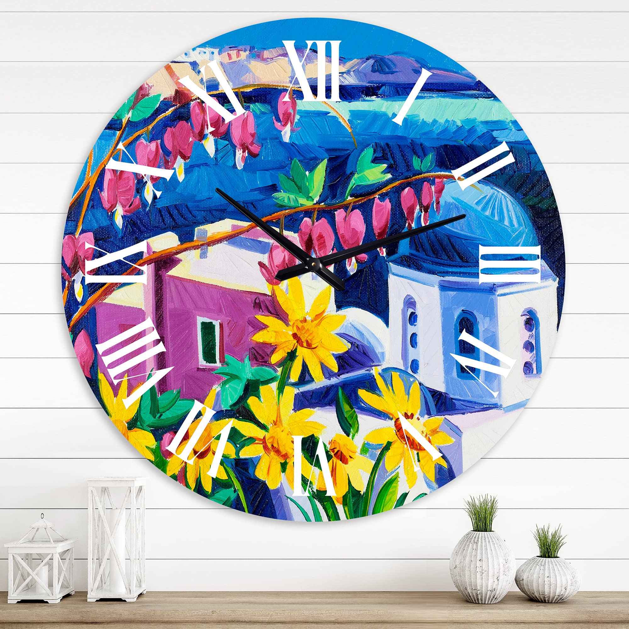 Colorful Traditional Santorini Churches Yellow Round Wall Clock - Nautical & Coastal Home Decor for Living Room, Bedroom, or Office