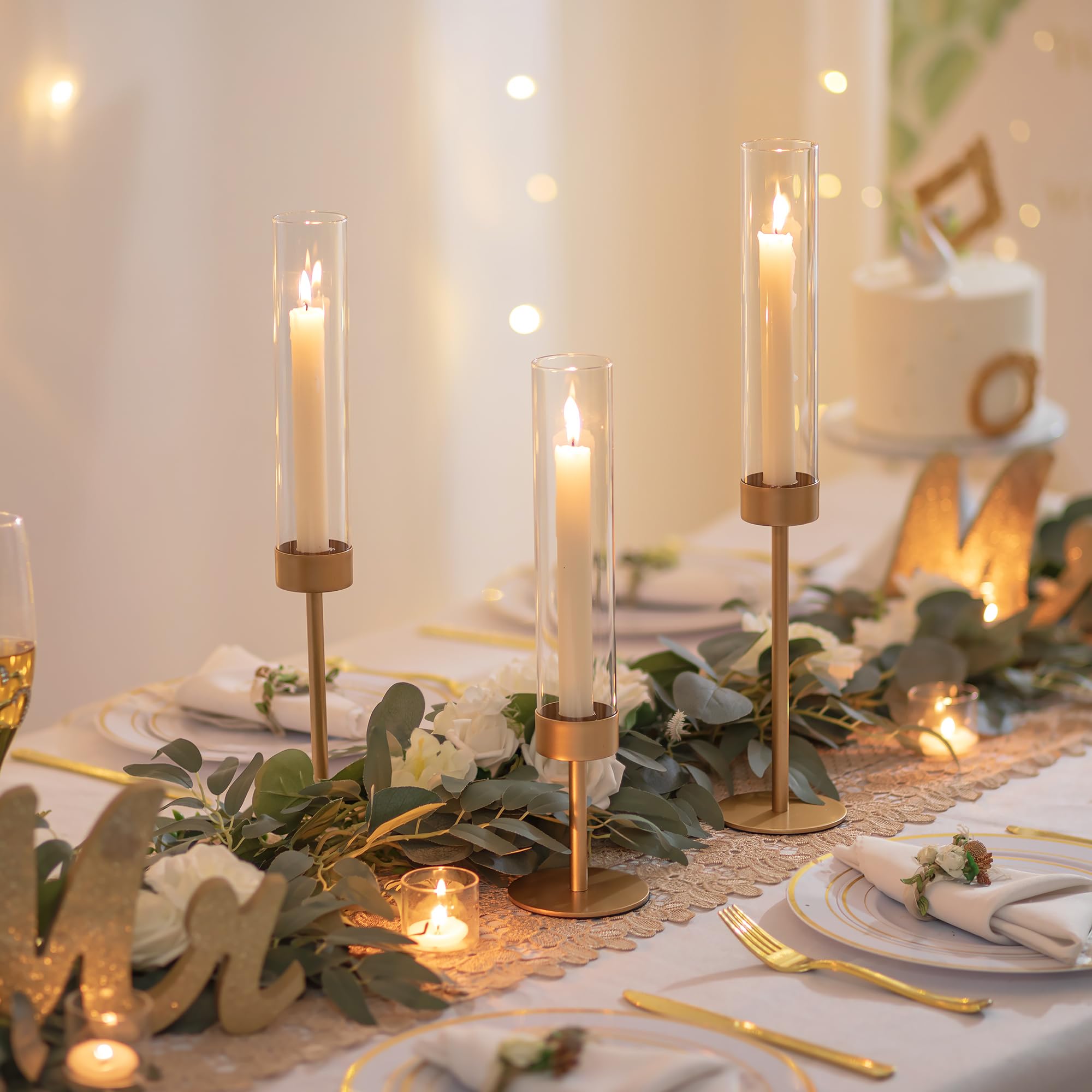 18-Piece Gold Glass Hurricane Candle Holders - Tall Clear Cylinder Taper Candle Holders Bulk Set for Wedding Centerpiece, Party Decor, Christmas & Home Decoration - Perfect for Dining Table, Fireplace Mantel, and Holiday Displays