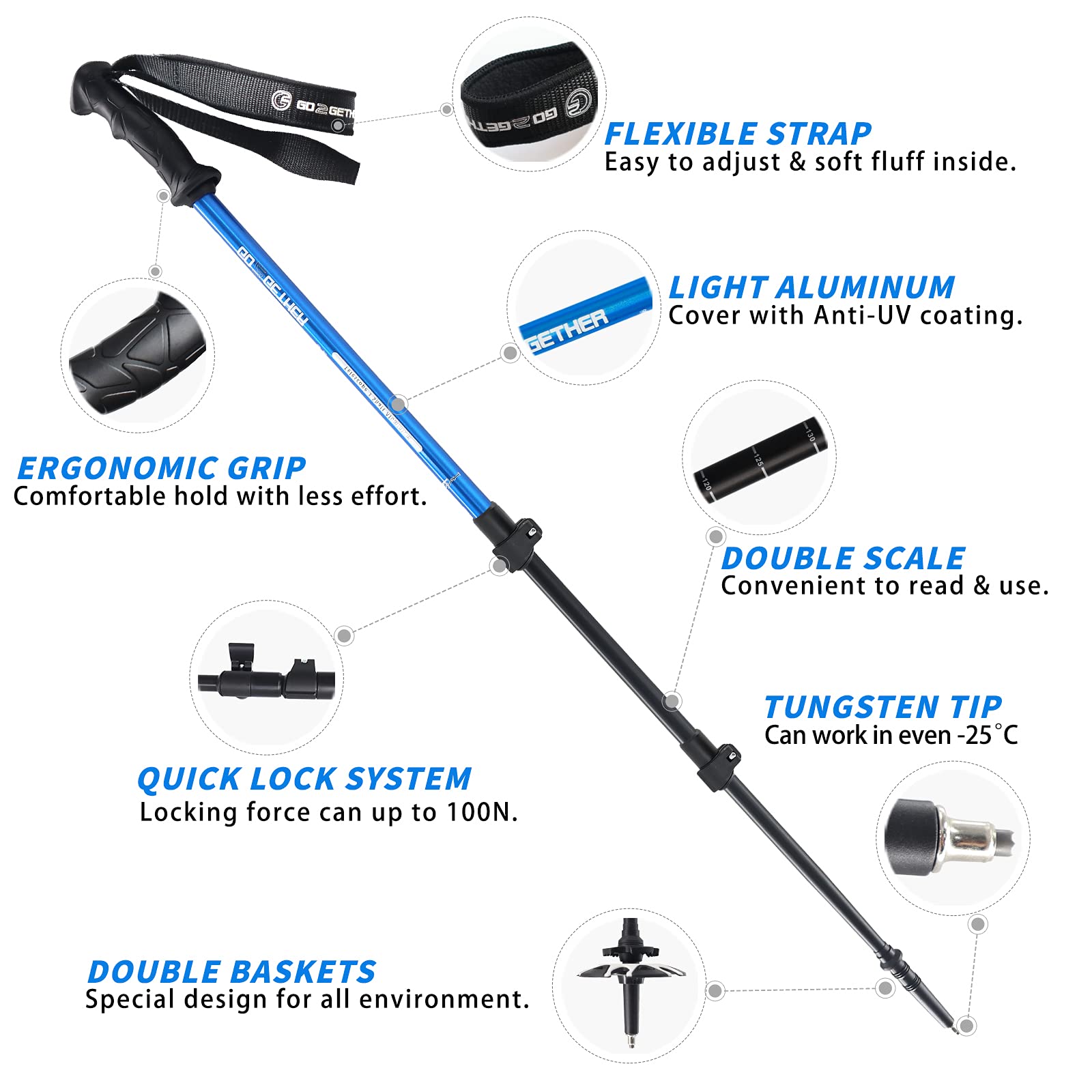 Adjustable Aluminum Trekking Poles for Hiking & Walking - Lightweight Quick-Lock Hiking Sticks with Ergonomic Handle, Padded Strap & Snow Baskets - Perfect for Mountain Trails, Backpacking & Snowy Terrain