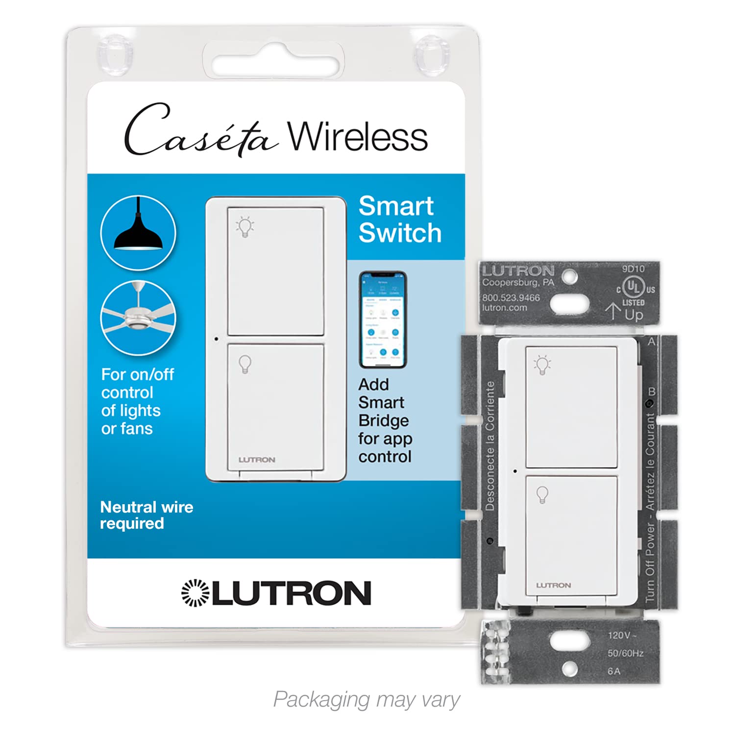 Lutron Caseta Smart Home 6A Switch with Pico Wireless Remote - Works with Alexa, Apple HomeKit & Google Assistant - Control Ceiling Fans, Exhaust Fans, LED Bulbs, Incandescent & Halogen Lights - Perfect for Smart Home Automation & Lighting Control (White)