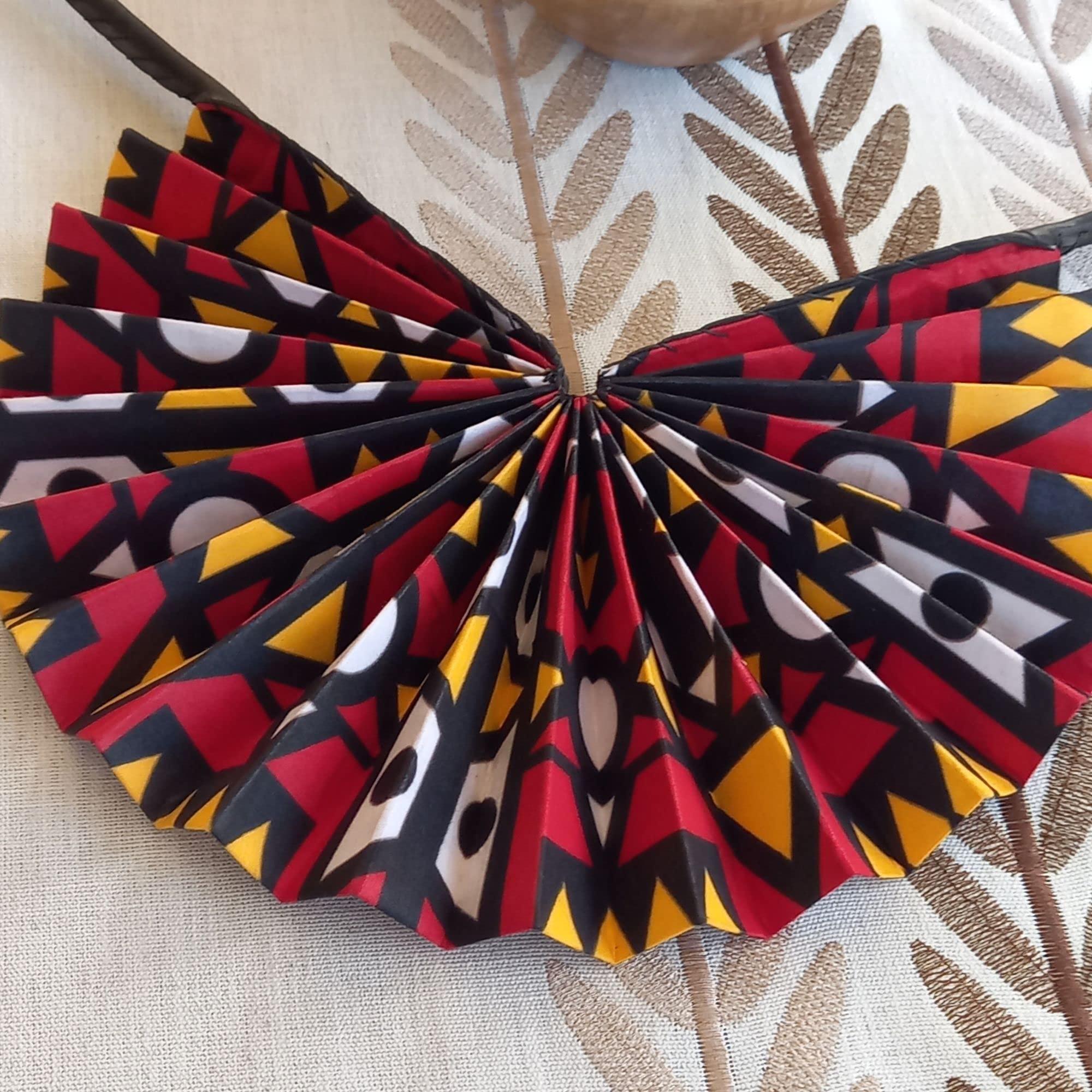 **African Handmade Round Folding Fan - Traditional Fabric Design - Elegant Handheld Cooling Fan for Travel, Weddings & Home Decor (Design 5)**