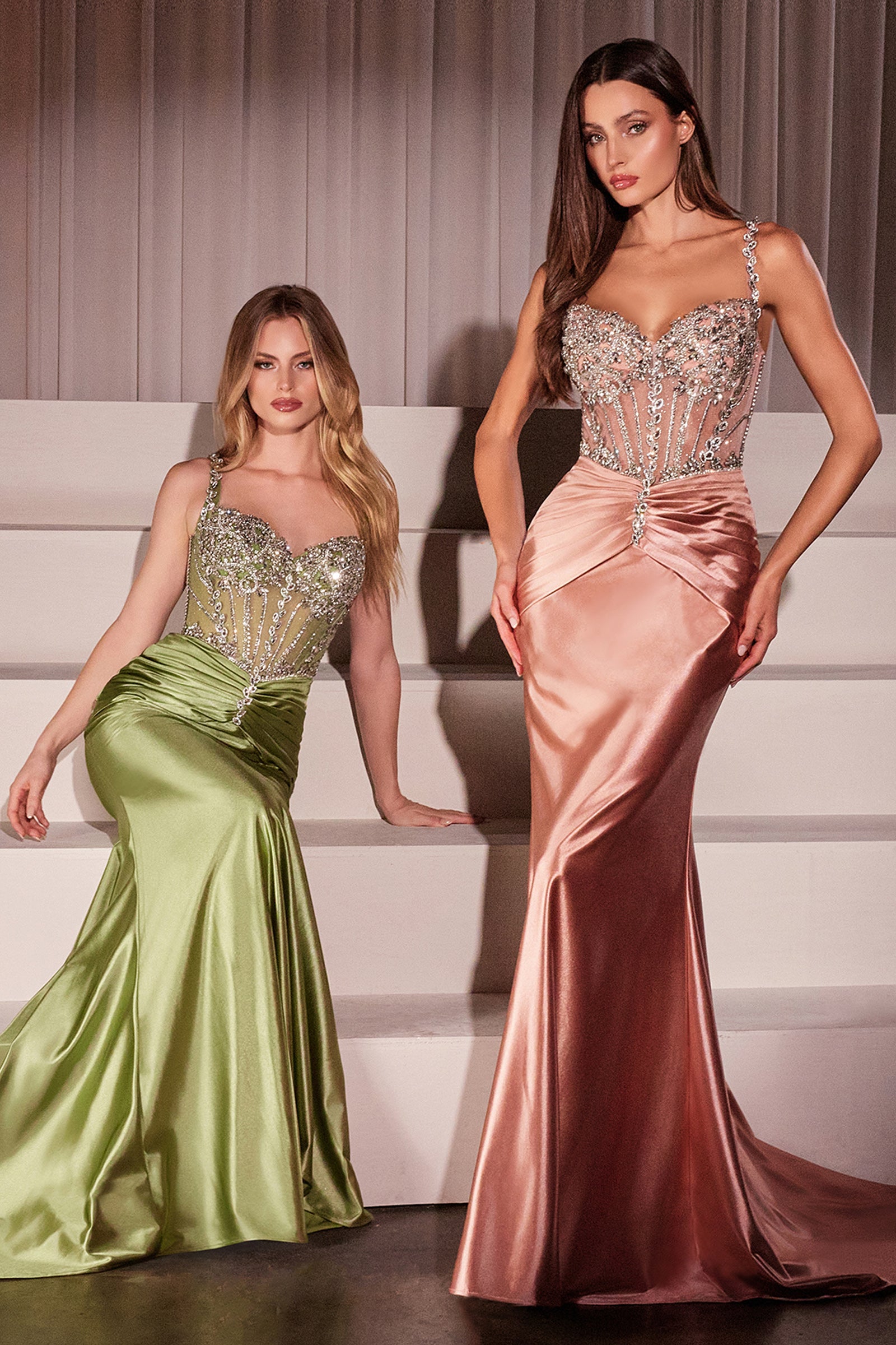 Artemis Gown - Crystal Embellished Fitted Satin Evening Dress for Prom, Wedding & Special Occasions