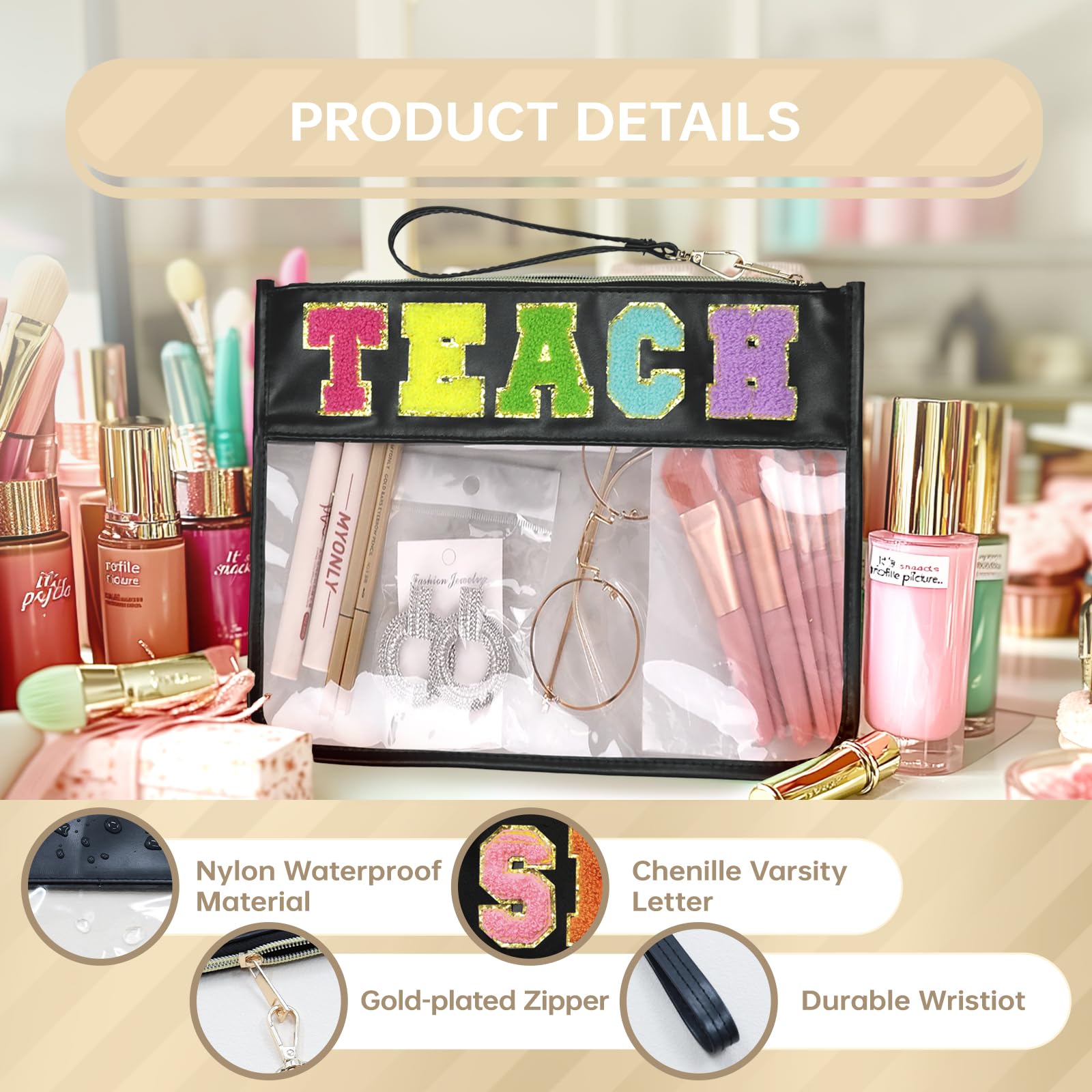Snack Bags Pouch | Travel Makeup Organizer | Chenille Letter Cosmetic Bags | Clear Zippered Tote for Women | Perfect for Travel, Gym & Daily Essentials