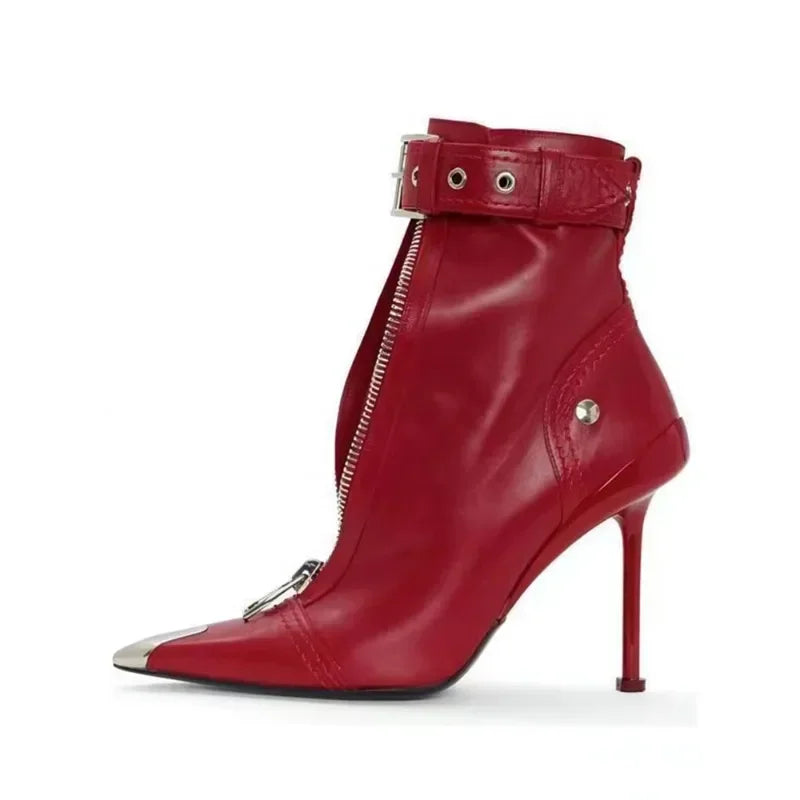 Women's Fashion Pointed Toe Ankle Boots with Belt Buckle & Front Zipper - Red High Heels for Autumn Winter - Stylish Metal Decorated Short Boots for Office, Party & Night Out