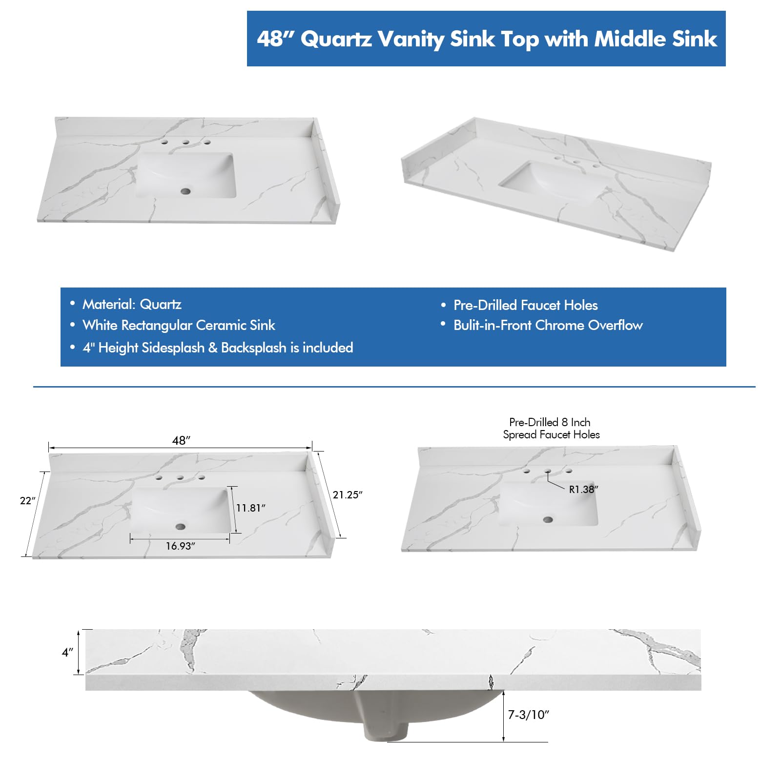 Calacatta Quartz Vanity Top with Sink - 48