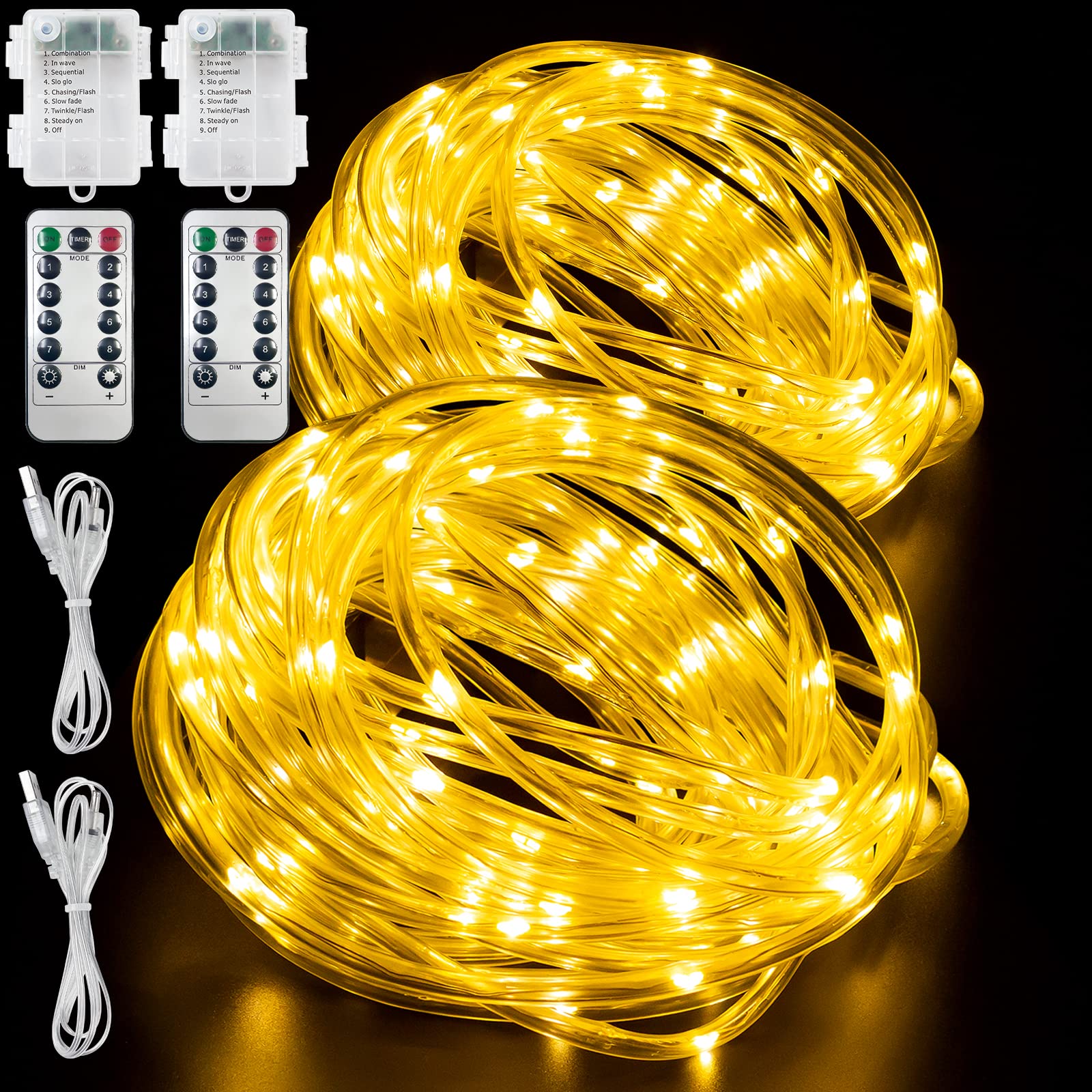 2 Pack 66Ft 200 LED Waterproof Rope Lights - Battery & USB Powered with Remote - 8 Lighting Modes for Indoor/Outdoor Decor, Camping, Pool Parties, Trampoline & Fairy Lights Decoration