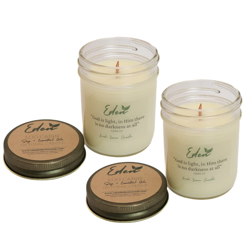 Eden Daily Essentials - Natural Log Cabin Scented Soy Wax Candle with Essential Oils & Wood Wick - 6oz Glass Jar Candle (Pack of 2) - Perfect for Home Relaxation, Cozy Cabin Ambience & Aromatherapy