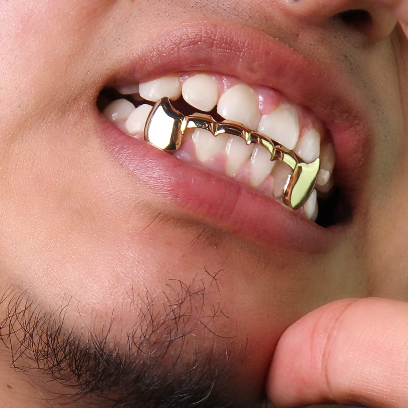 14K Gold Plated Hip Hop Grillz - Lower Bottom Fangs Teeth with Custom Mold Kit | Perfect for Rappers, Performers & Hip Hop Fashion Enthusiasts