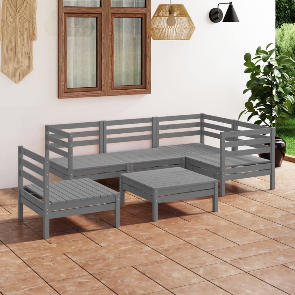 vidaXL 6-Piece Solid Pinewood Patio Lounge Set - Outdoor Garden Furniture with Gray Wooden Sofa & Chairs for Backyard, Terrace, and Poolside Relaxation
