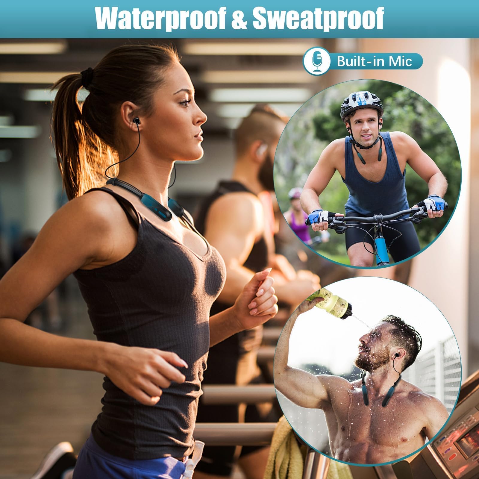Wireless Bluetooth Neckband Headphones with 200H Playtime, Stereo Sound & Built-in Mic - IPX5 Waterproof, Balanced Armature Drivers for Running, Gym Workouts & Office Use (Cyan Green)