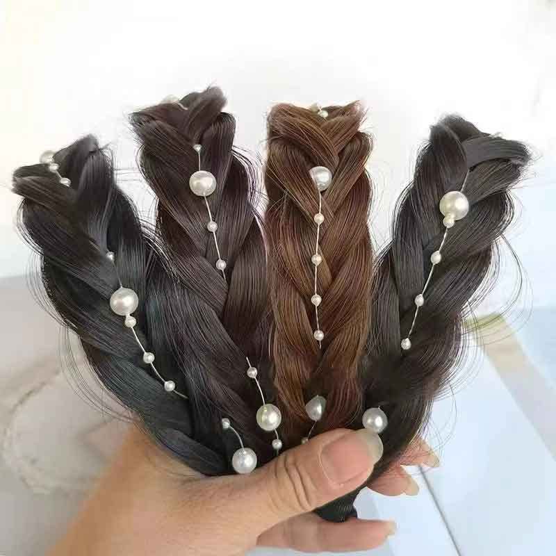 3 PCS Black-Brown/Light Brown/Black Pearl Wig Twist Headbands for Women - Wide Fishbone Braids Hairbands, Handmade Retro Head Hoop Hair Accessories for Styling, Perfect for Parties, Weddings & Everyday Wear