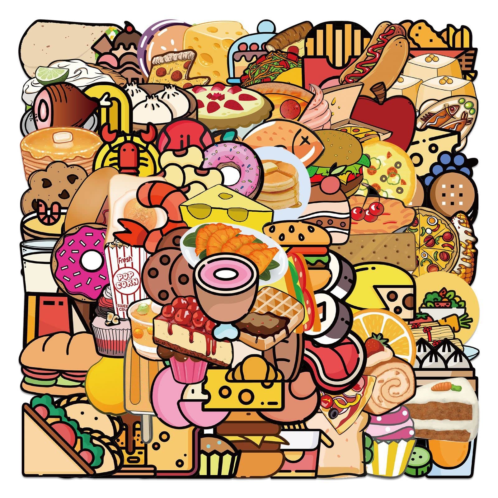 100 Cute Cartoon Food Stickers - Waterproof Vinyl Decals for Scrapbooking, Laptops, Water Bottles, Skateboards & Refrigerators - Perfect for DIY Crafts, School Supplies & Home Decor