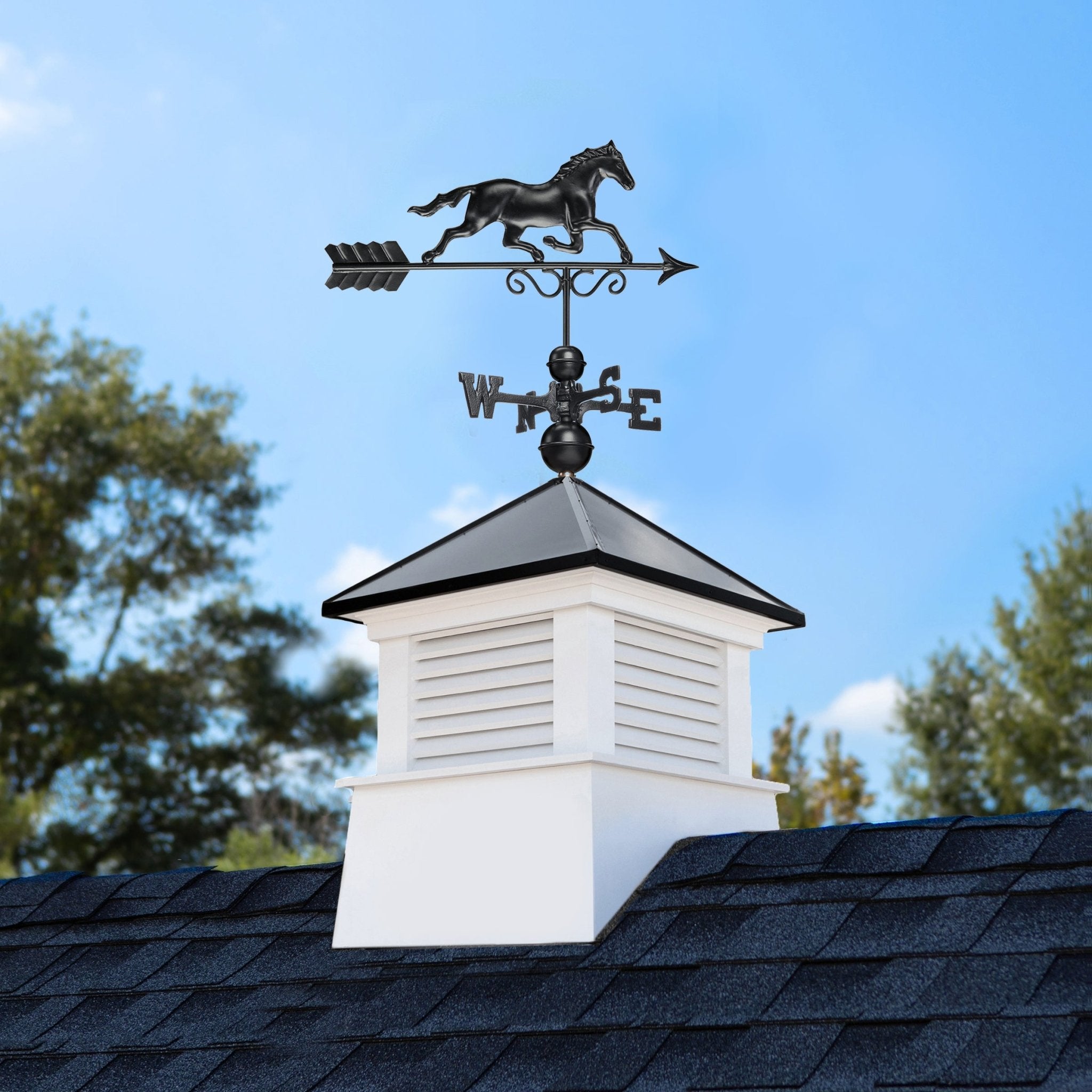 26 Sq Ft Manchester Vinyl Cupola with Black Aluminum Roof & Horse - Weatherproof Outdoor Decoration for Barn, Shed, or Garden