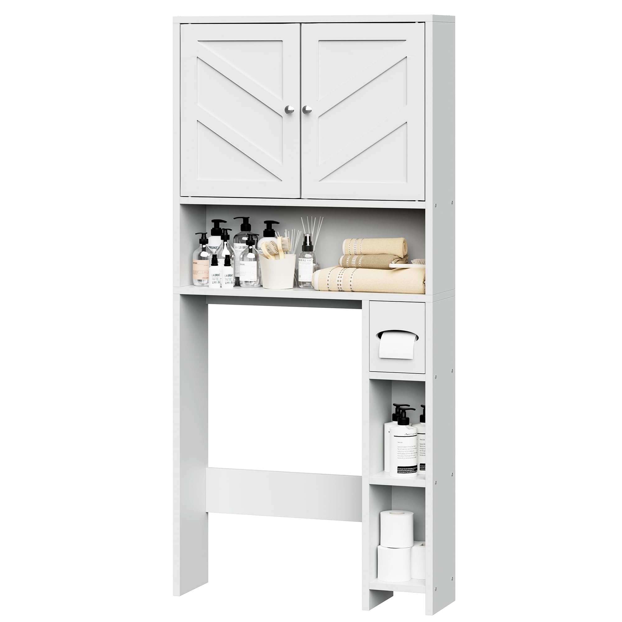 Meilocar Over The Toilet Storage Cabinet - Farmhouse Style Bathroom Organizer with Adjustable Shelf & Toilet Paper Holder | Freestanding Space Saver for Small Bathrooms | Perfect for Toilet Paper, Towels & Bath Essentials Storage (White)