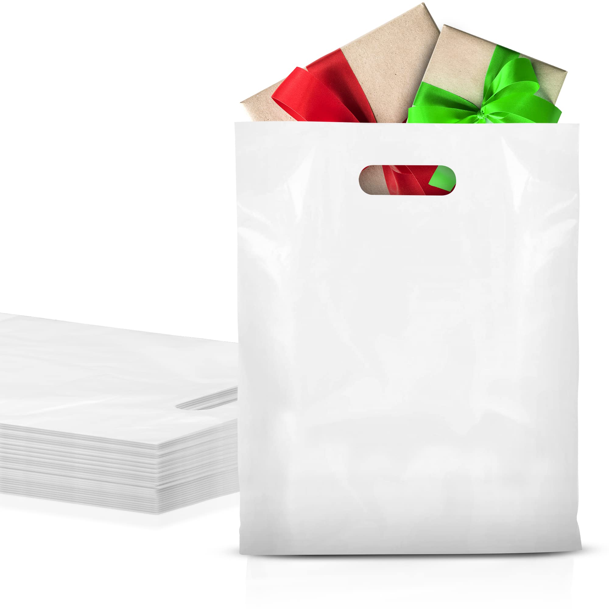 250 Pack White Die-Cut Handle Plastic Bags 15x18 Inches - 1.75 Mil Thick Polyethylene Retail Shopping Bags for Stores, Boutiques & Gift Wrapping | Durable No Gusseted Merchandise Bags with Handles