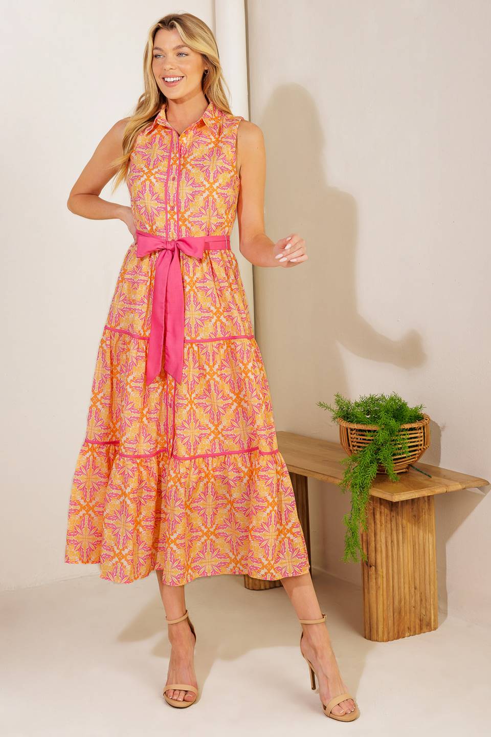 Stylish Orange & Pink Midi Dress for Women - Perfect for Park Outings, Picnics, and Summer Events | Flowy Casual Dress