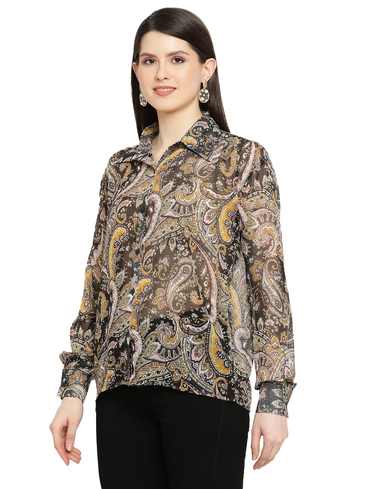 AVANOVA Black Chiffon Sheer Mesh Button Down Shirt - Long Sleeve Drop Shoulder Blouse for Women - Elegant Office Wear & Evening Party Outfit (Size S, Black)