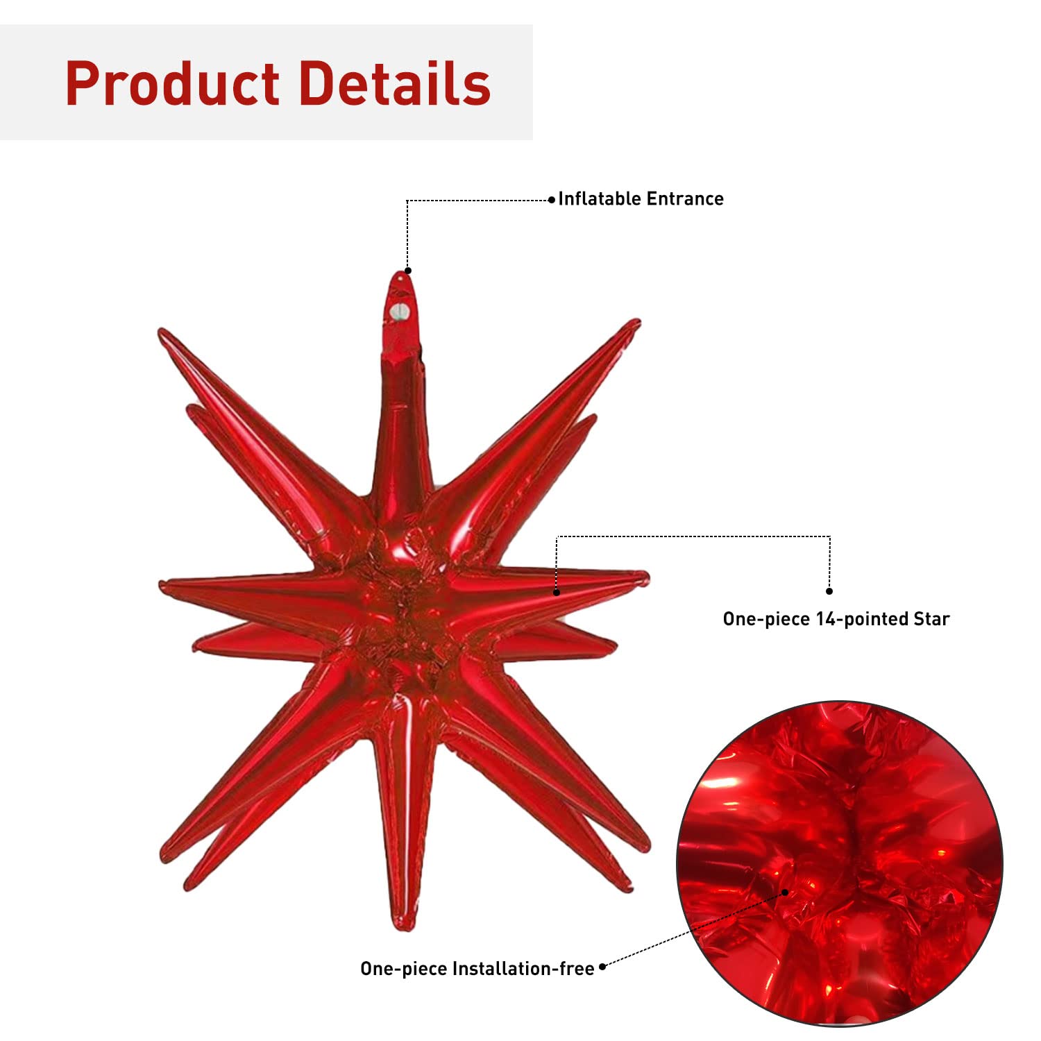 6 Pcs Red Star Foil Balloons - 14-Pointed 3D Mylar Balloons 22 Inch for Christmas, Birthday, Wedding & Anniversary Party Decorations (Red) - Perfect for Indoor & Outdoor Celebrations, Photo Backdrops and Festive Events