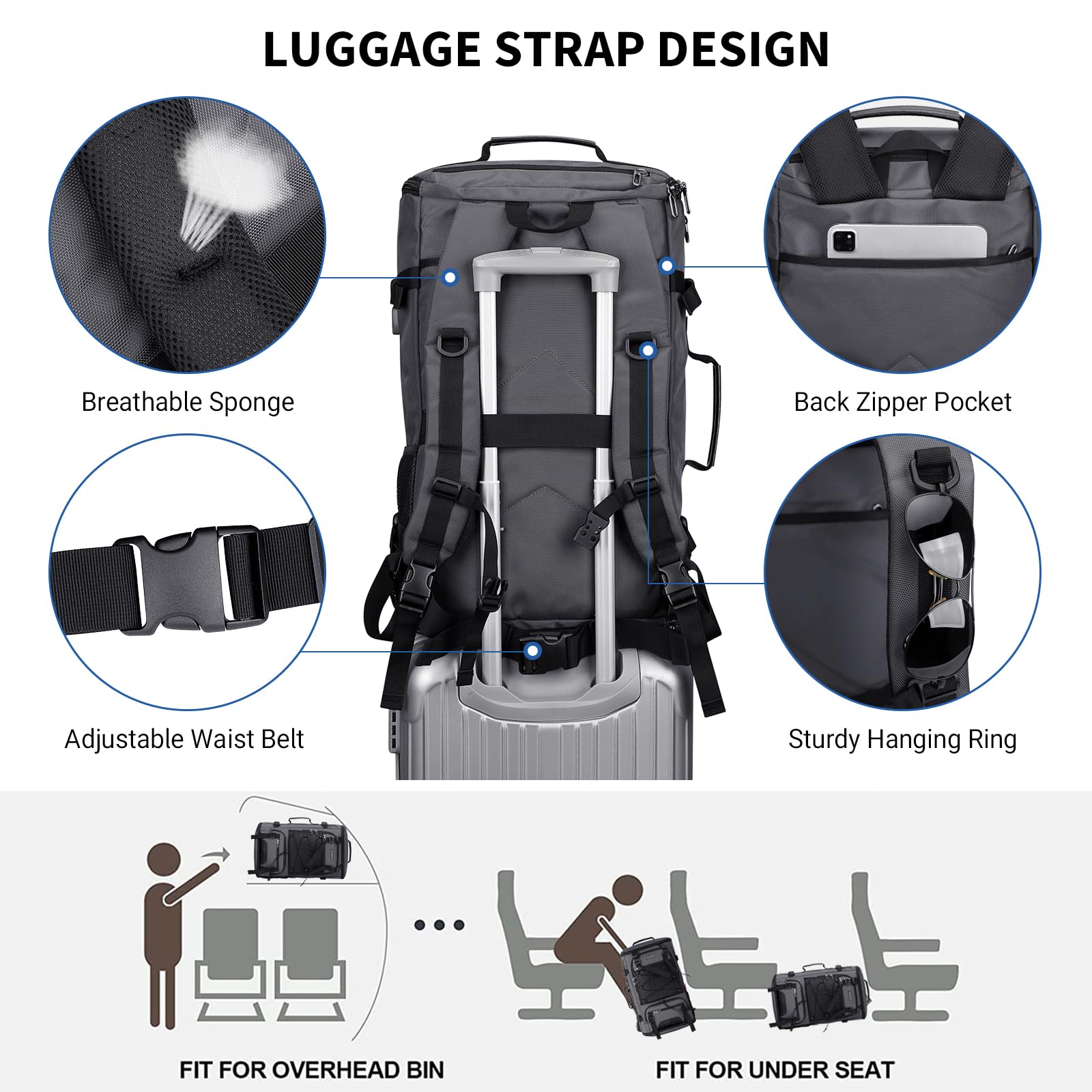 WITZMAN Large Travel Backpack for Men - Convertible Carry-On Laptop Backpack with Shoe Compartment Fits 17 Inch Laptop (B689 Silvery Grey) - Perfect for Business Trips, Gym & Weekend Getaways