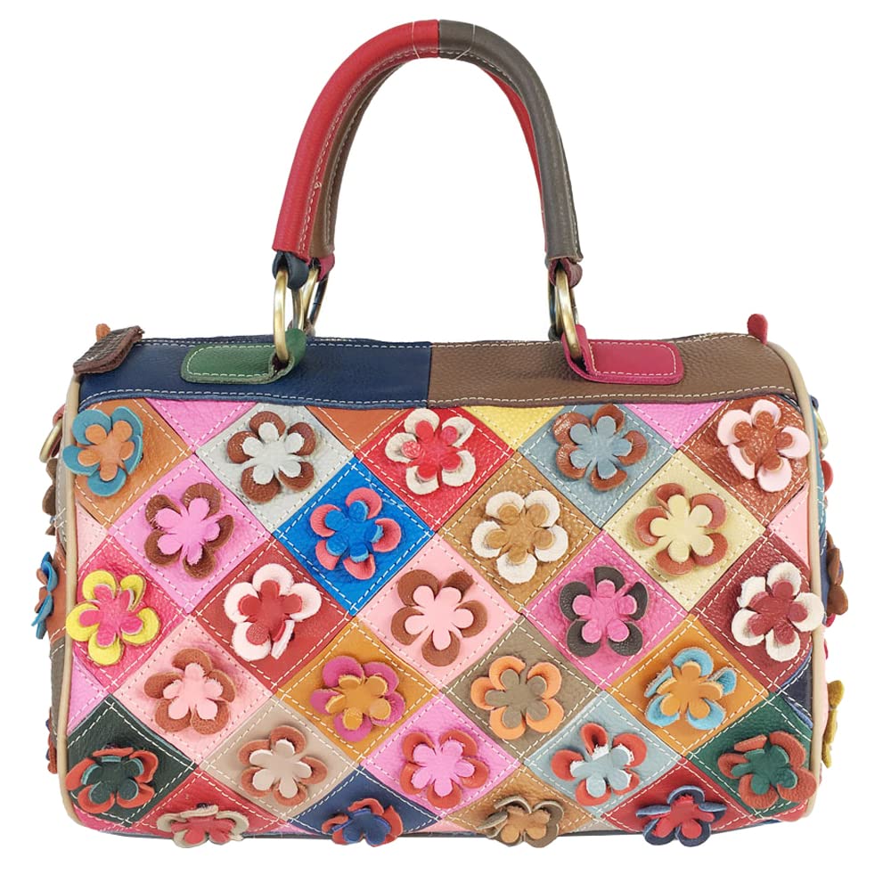 Genuine Leather Boston Bags for Women - 3D Floral Top Handle Handbag, Satchel Shoulder Crossbody Tote Purse | Work, Travel & Everyday Use