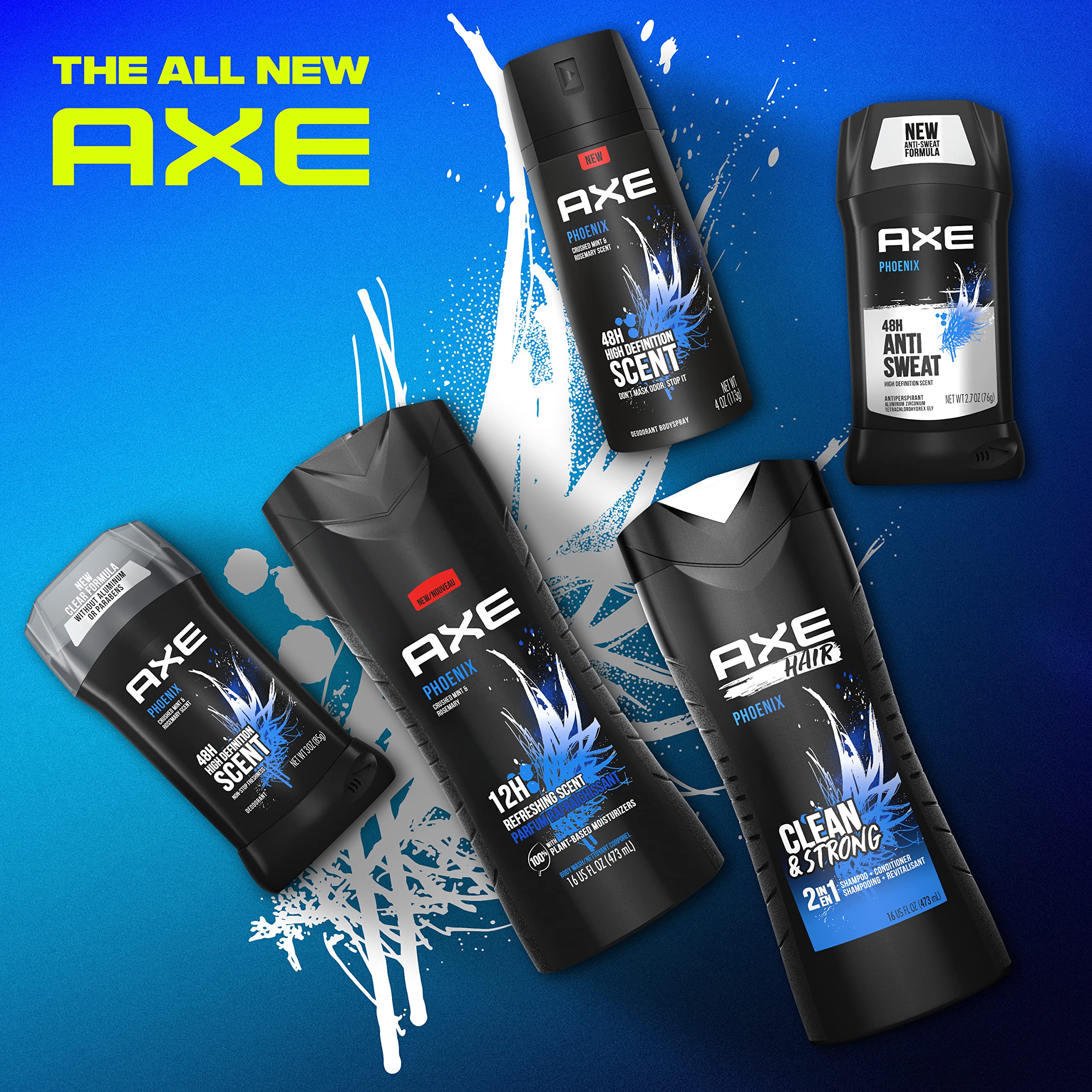 AXE Body Spray Deodorant for Men - Long Lasting 12 Hour Odor Protection, Phoenix Scent with Crushed Mint & Rosemary - 4 Pack Body Wash & Deodorant Set for Gym, Work & Everyday Freshness