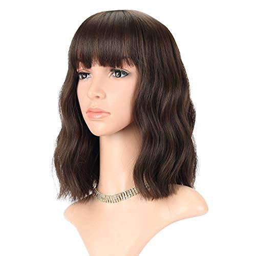 FAELBATY Short Brown Wigs with Bangs - Shoulder Length Synthetic Curly Wavy Wig for Women & Girls - Natural Black Dark Brown Mix (12