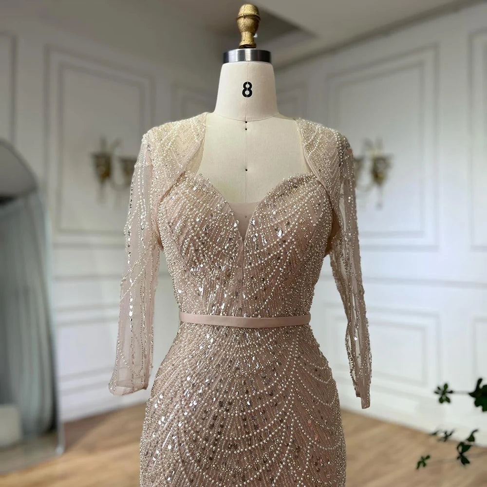 Elegant Dubai Beaded Nude Spaghetti Strap Mermaid Gown with Detachable Long Sleeve Jacket - Formal Evening Dress for Prom, Wedding & Gala Events LA72160C