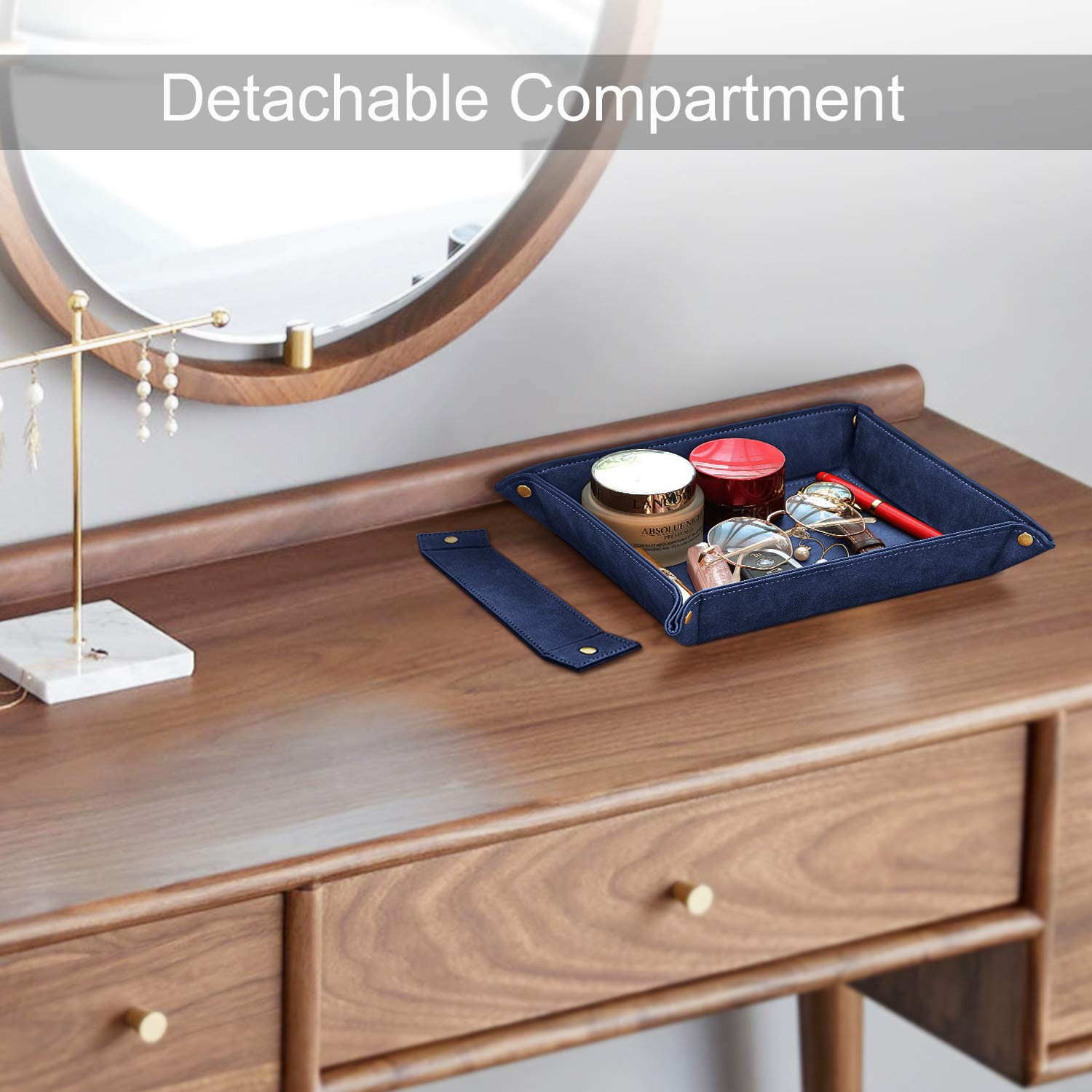 SITHON Valet Tray with Removable 2 Compartments - Dark Blue Desktop Organizer for Jewelry, Keys, Coins & Essentials | Perfect for Bedside, Vanity, Nightstand & Office Desk Storage