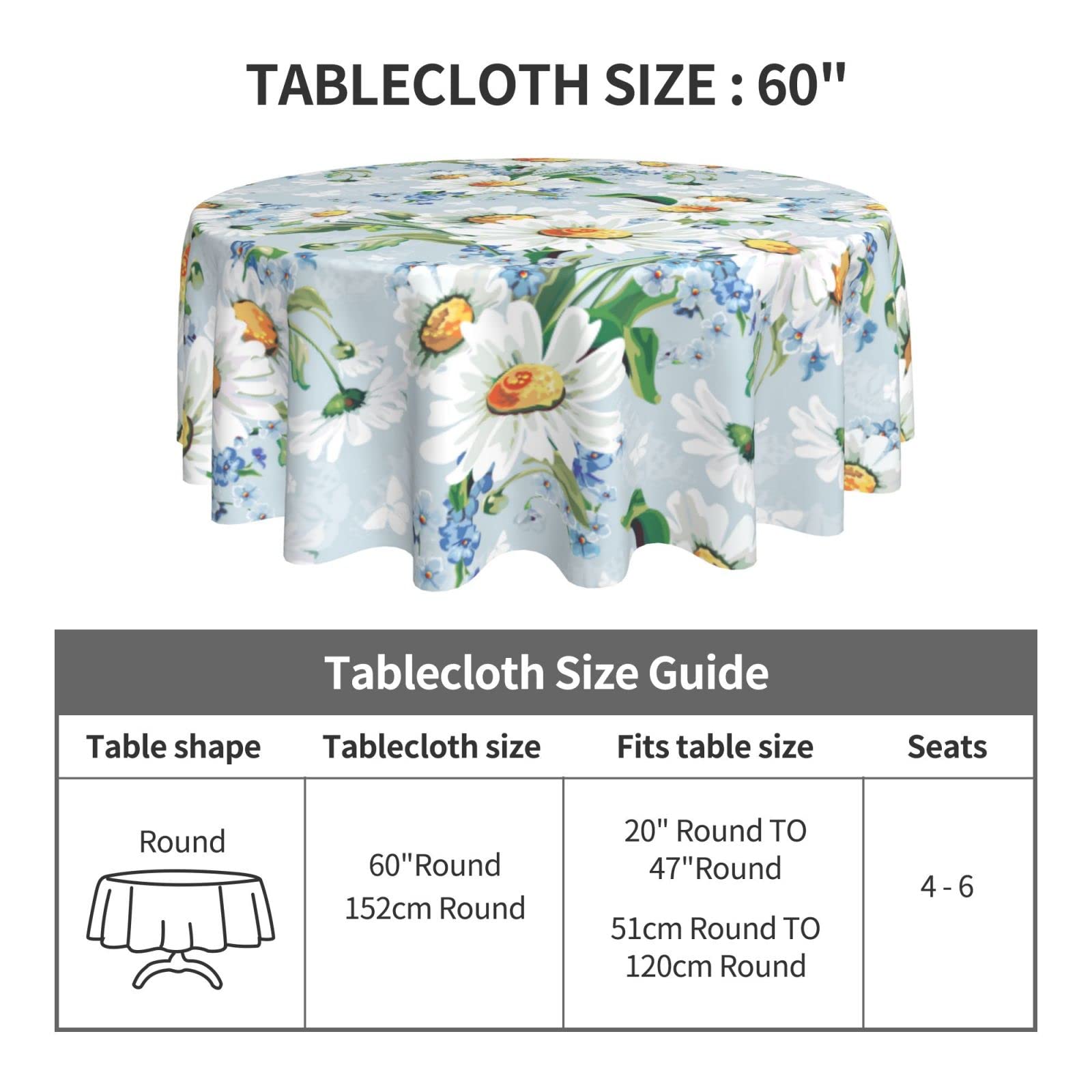 White Blue Daisy Floral Tablecloth with Butterfly Print - Waterproof Round Polyester Table Cover 60 Inch for Kitchen Dining Wedding Party - Spring Decor for Indoor & Outdoor Use