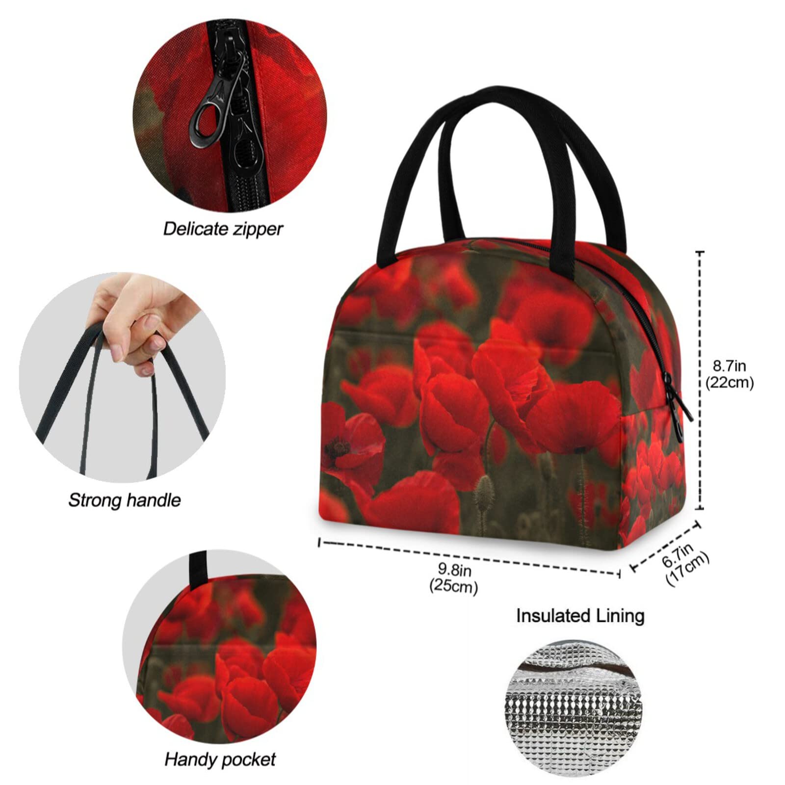 Reusable Insulated Lunch Tote Bag - Red Poppy Field Design | Thermal Cooler Container for School, Work, Picnic, Travel, Fishing & Beach