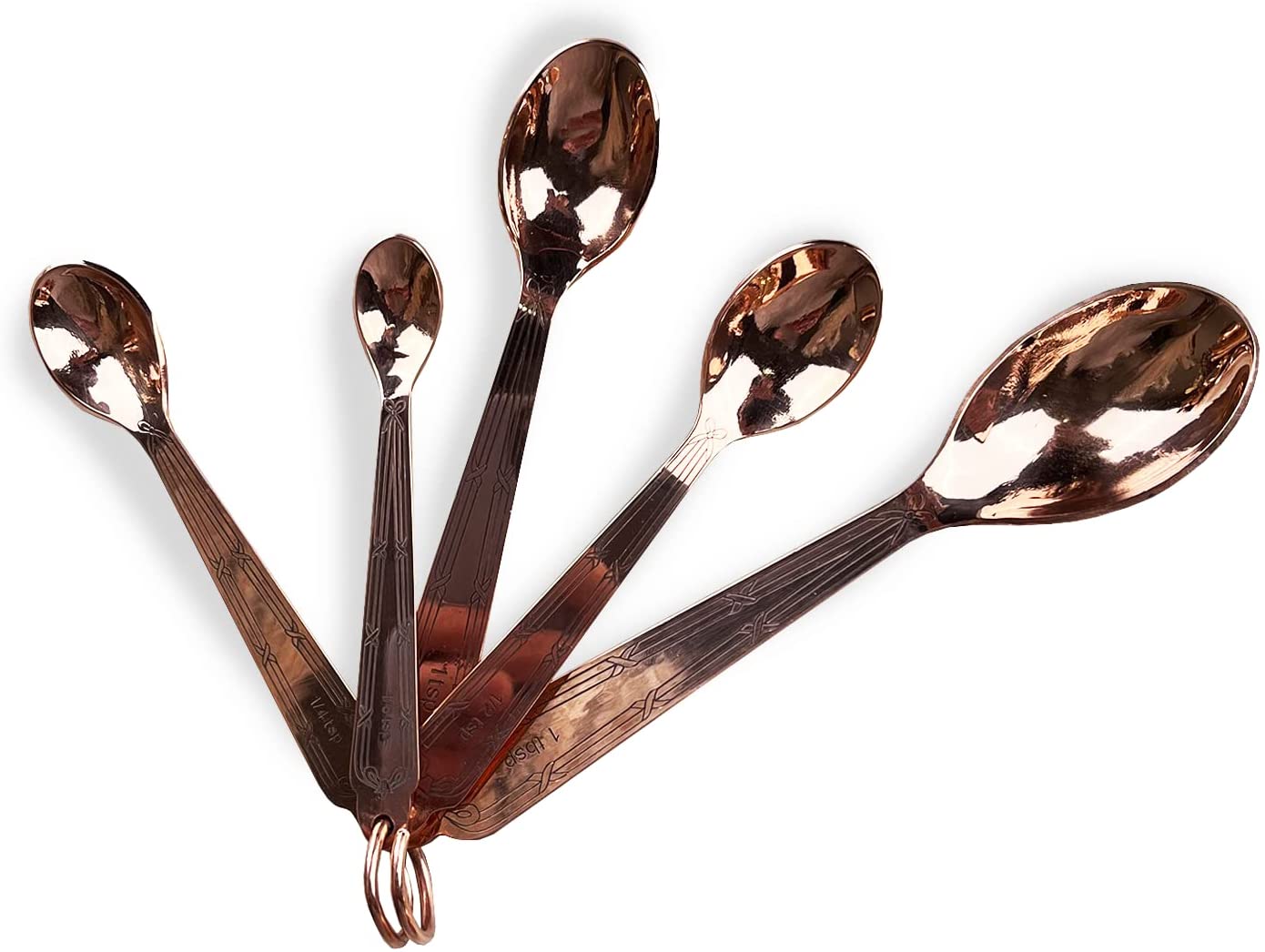 Vintage Inspired Measuring Spoons Set of 5 - Authentic Copper & Brass with Hand Engraved Cross & Bow Pattern - Perfect for Baking, Cooking & Kitchen Decor