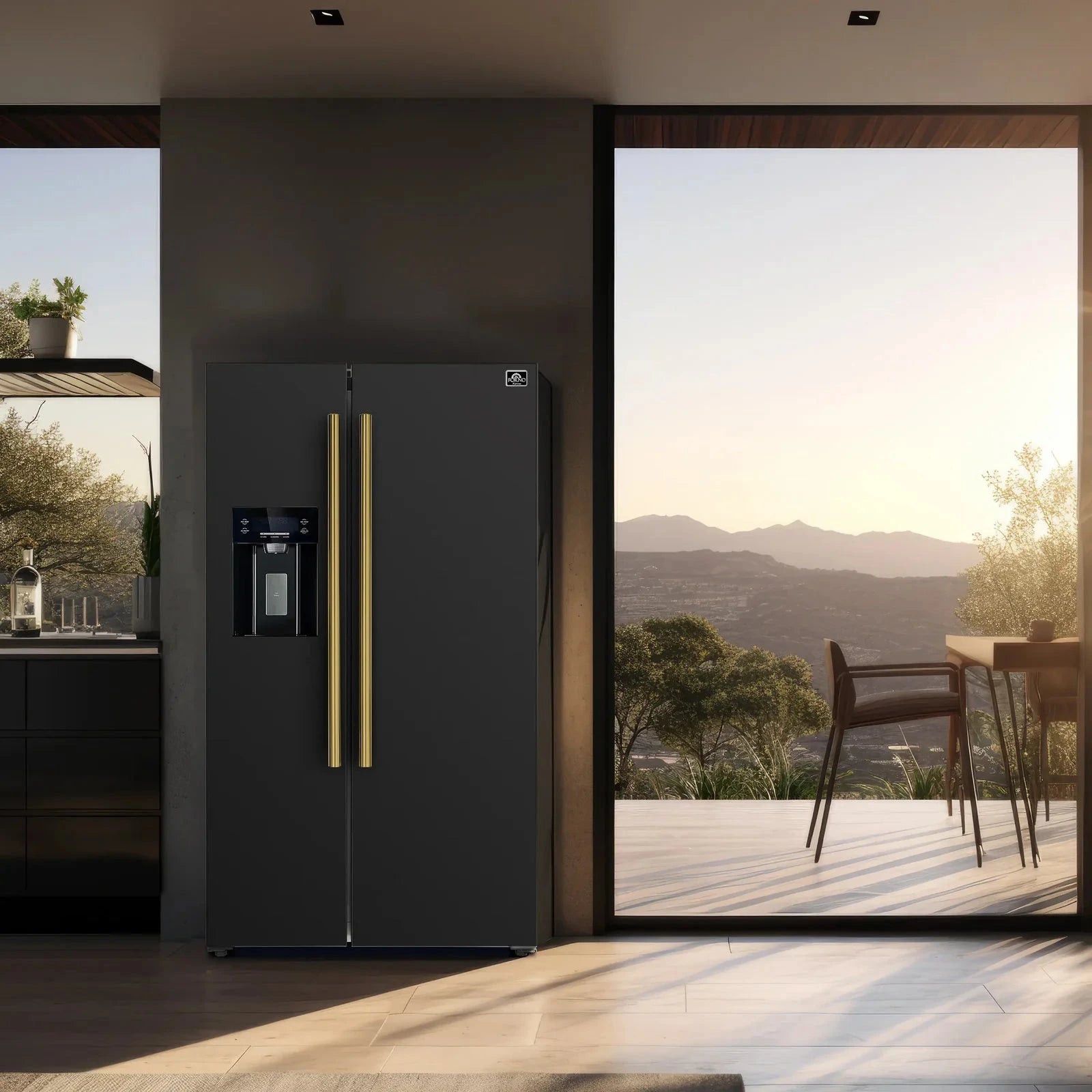 **Forno Espresso Salerno 36-Inch Side by Side Refrigerator with Water Dispenser - Black Finish & Antique Brass Handle (Model FFRBI1844 36BLK) - Perfect for Modern Kitchens & Entertaining**