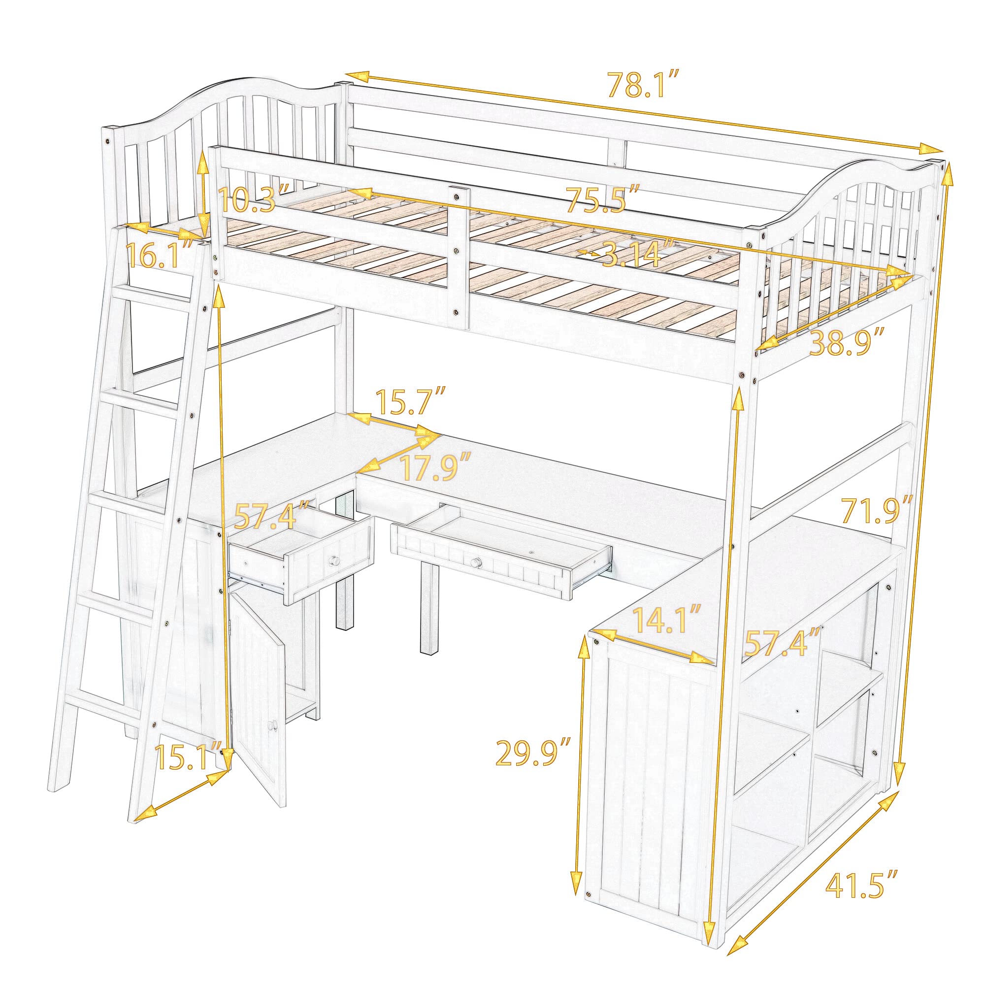 Harper & Bright Designs Twin Size Loft Bed with Desk, Storage Drawers, Cabinet & Shelves - Sturdy Wooden Loft Bed Frame for Kids, Teens & Adults - Space-Saving Gray Bedroom Furniture for Small Rooms, Dorms & Apartments