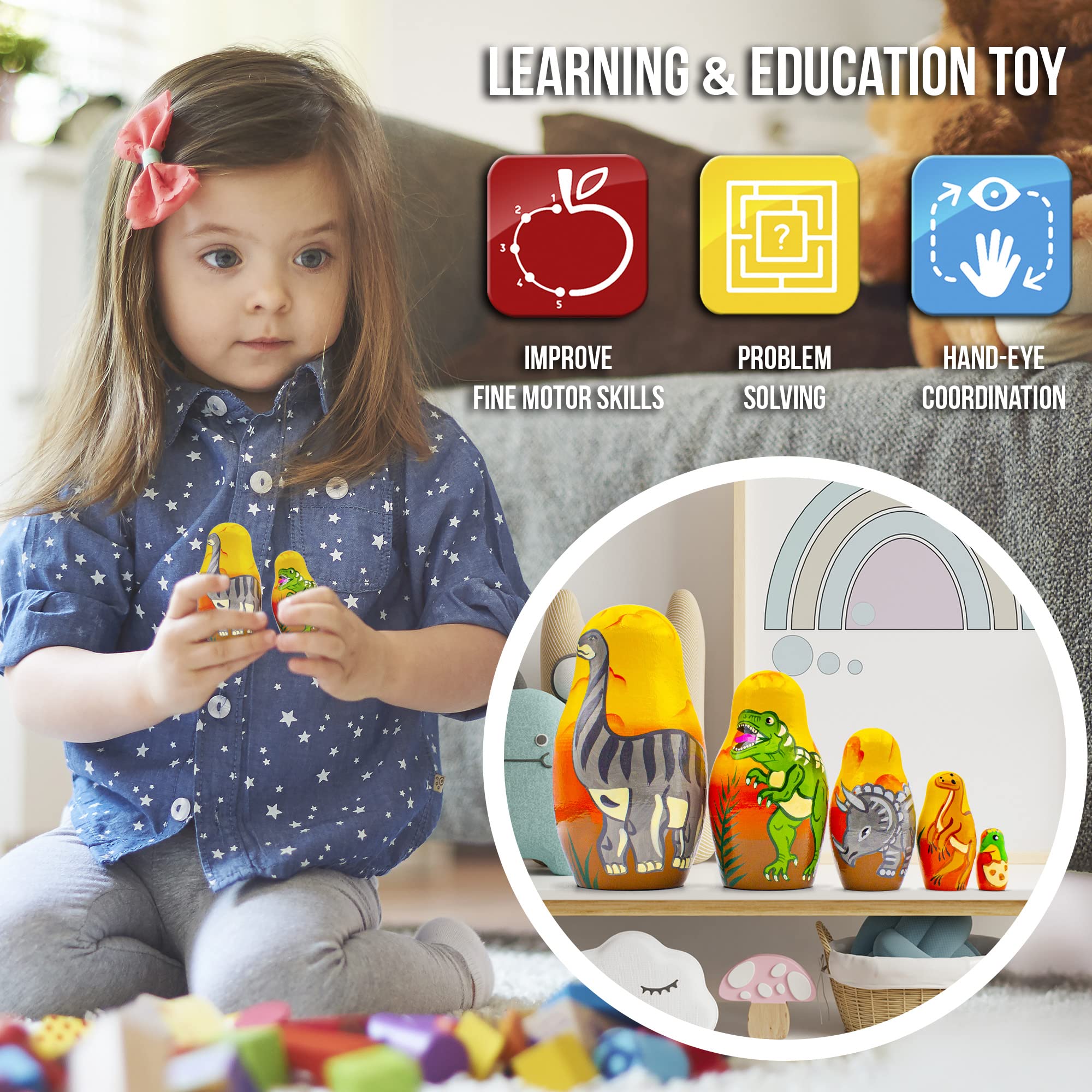 AEVVV 5-Piece Dinosaur Nesting Dolls Set - Russian Matryoshka Stacking Toys with Dinosaur Figurines for Kids | Educational Animal Toys for Birthday Gifts & Home Decor