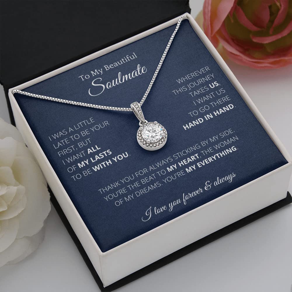 4LOVEBIRDS Soulmate Couple Necklace - Stainless Steel Cubic Zirconia Pendant for Her, Romantic Gift for Wife/Girlfriend with Message Card Box - Birthday, Christmas, Anniversary Jewelry - Perfect for Date Nights & Special Occasions