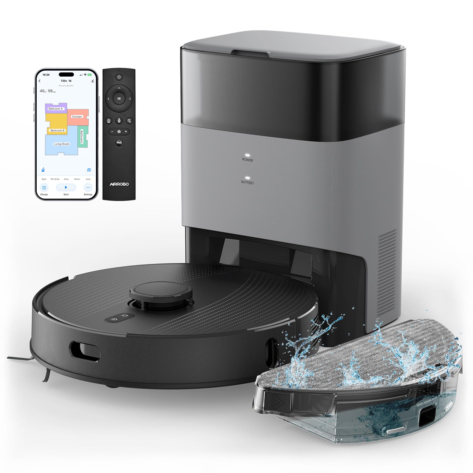 AIRROBO T20+ Robot Vacuum and Mop Combo with Self-Emptying Base, 60-Day Dustbin Capacity, Smart Mapping, Wi-Fi/App/Alexa Control, 180min Runtime - Ideal for Pet Hair, Hard Floors & Carpets in Large Homes