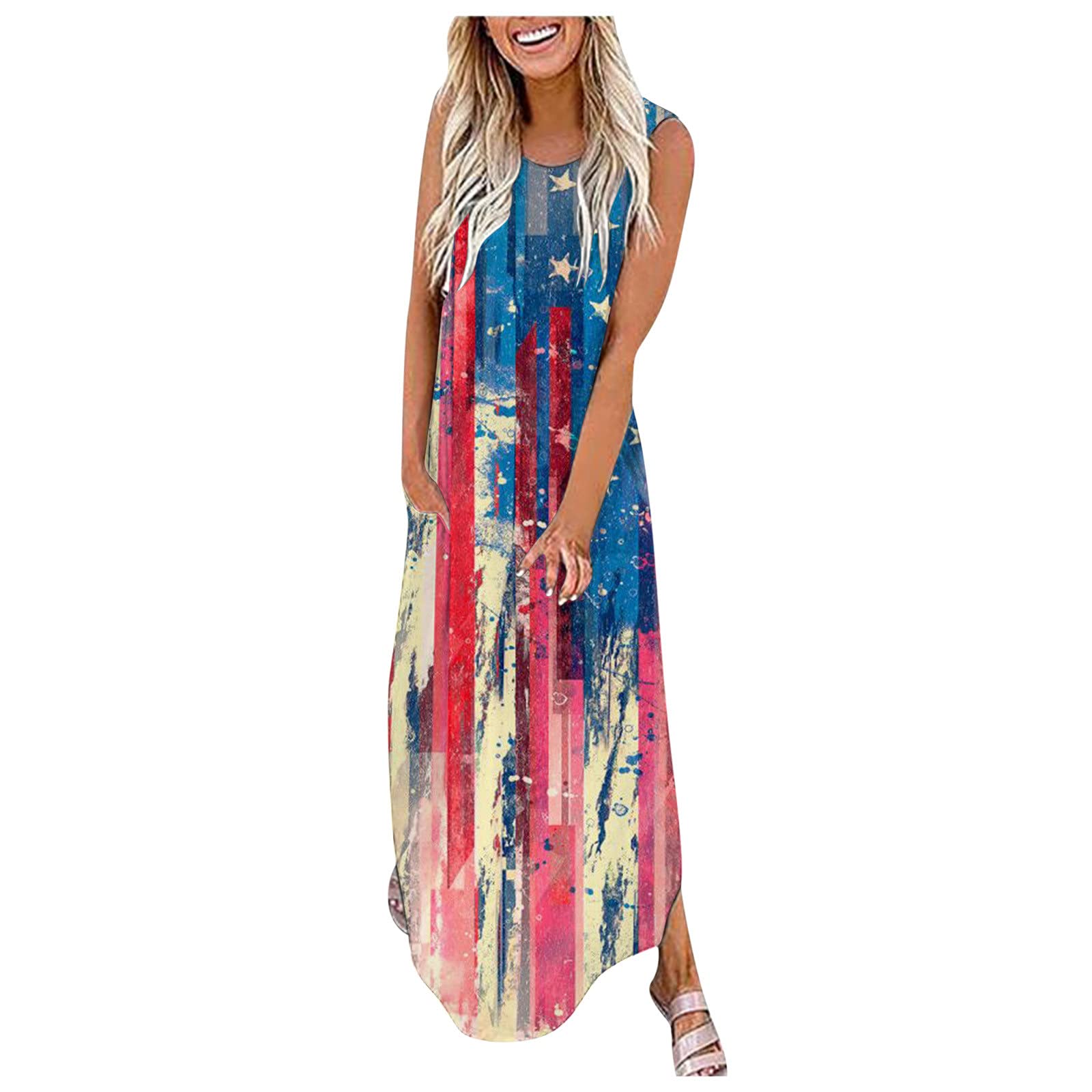 Women's Summer Casual Beach Dress - American Flag Patriotic Maxi Sundress with Short Sleeves | Perfect for 4th of July, Vacations & Boho Outfits