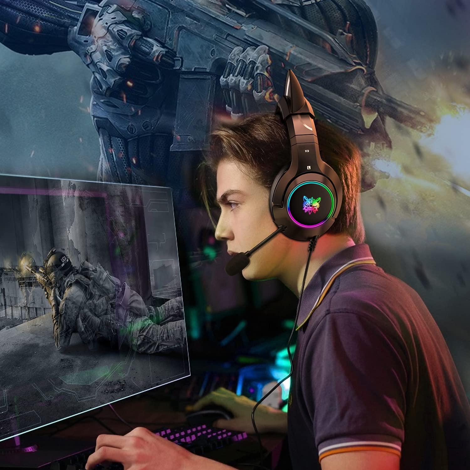 Cat Ear Gaming Headset with Microphone - Wired LED Light Headphones for PS4/PS5/Xbox One/PC/Mobile - Surround Sound Gaming Headphones for Women & Girls (Black) - Perfect for Streamers & Online Gamers