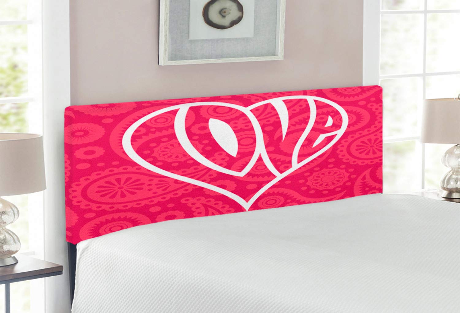 Ambesonne Groovy Upholstered Headboard with Memory Foam - Retro Heart Design in Pink & White - Full Size Decorative Metal Bed Frame - Perfect for Bedroom Makeover & Vintage Home Decor