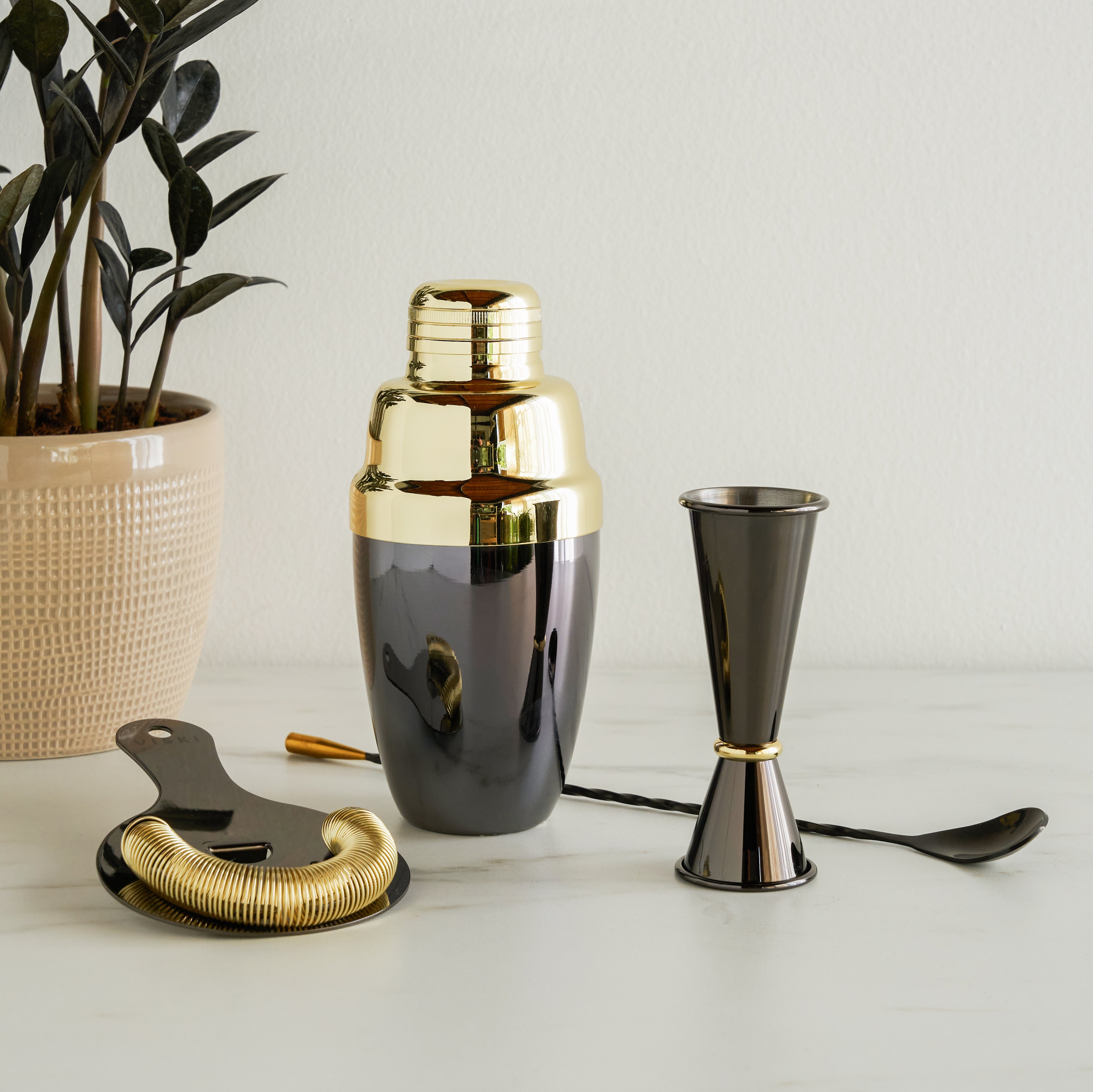 Premium 4-Piece Stainless Steel Barware Set - Black & Gold Cocktail Shaker, Jigger, Strainer & Spoon - Perfect for Home Bars, Cocktail Parties & Mixology Enthusiasts