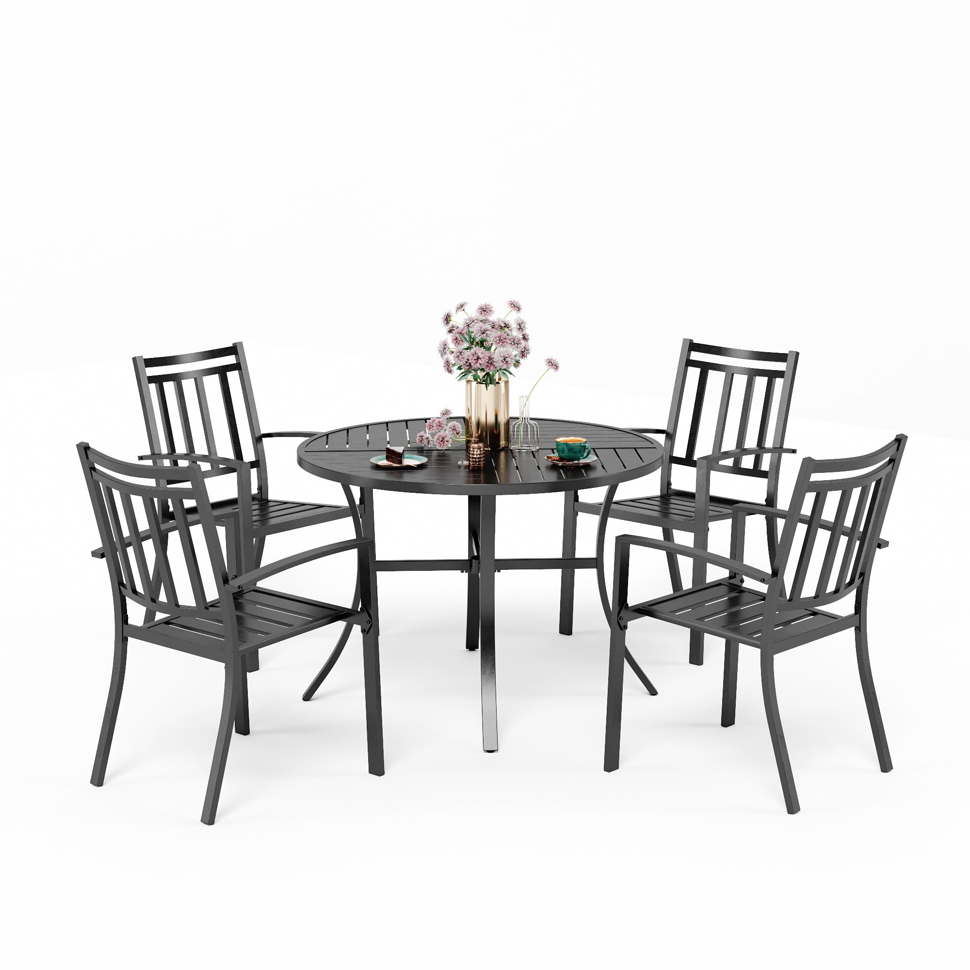 PHI VILLA 5-Piece Outdoor Dining Set with Geometric Stamped Round Table & Stackable Chairs - Perfect for Patio, Garden, and Backyard Entertaining