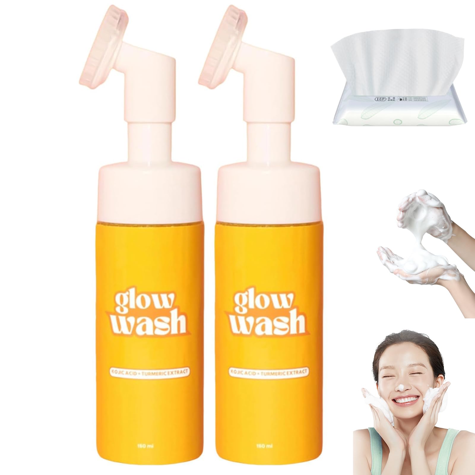 Turmeric & Kojic Acid Face Wash with Brush - Sugar Baby Glow Wash & Scrub for All Skin Types | Brightening, Exfoliating & Cleansing for Daily Skincare Routine