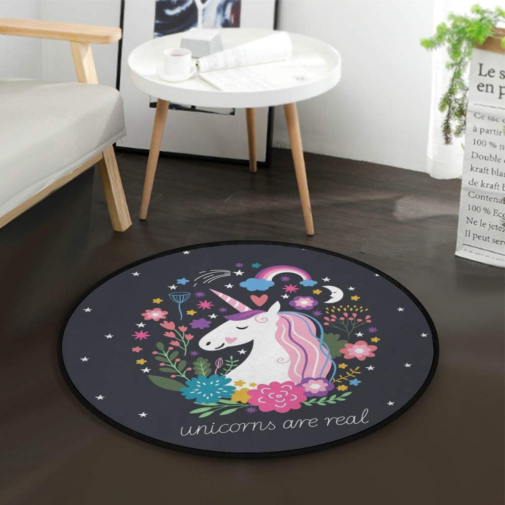 Floral Unicorn Rainbow Round Area Rug - Soft Polyester Kids Play Mat & Yoga Floor Mat for Living Room, Bedroom, Nursery (3' Diameter) - Perfect for Playtime, Meditation & Home Decor