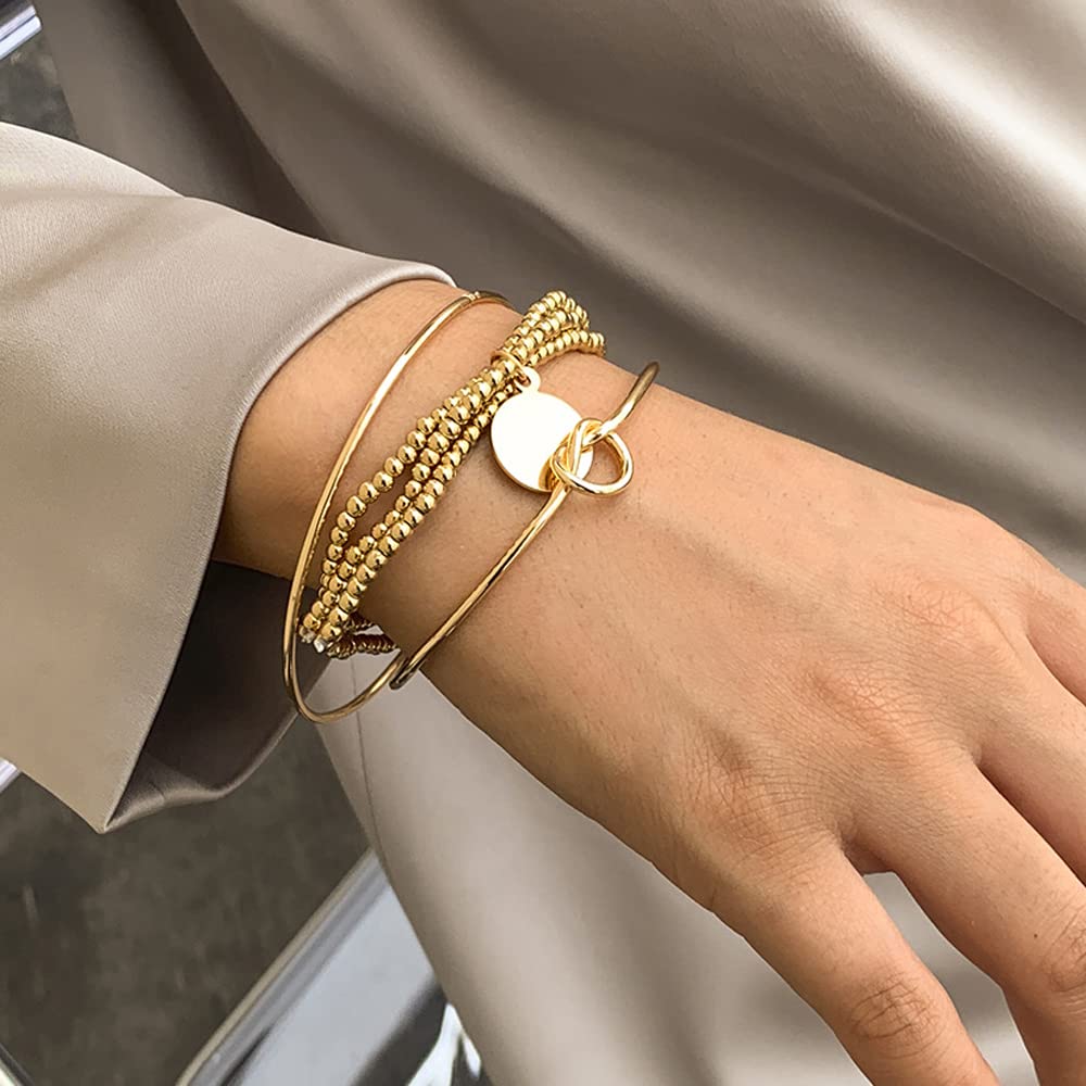 Boho Layered Beaded Bracelets for Women - Adjustable Open Cuff Bangle Link Bracelet Set in Gold | Perfect for Festival, Beach & Everyday Boho Chic Style