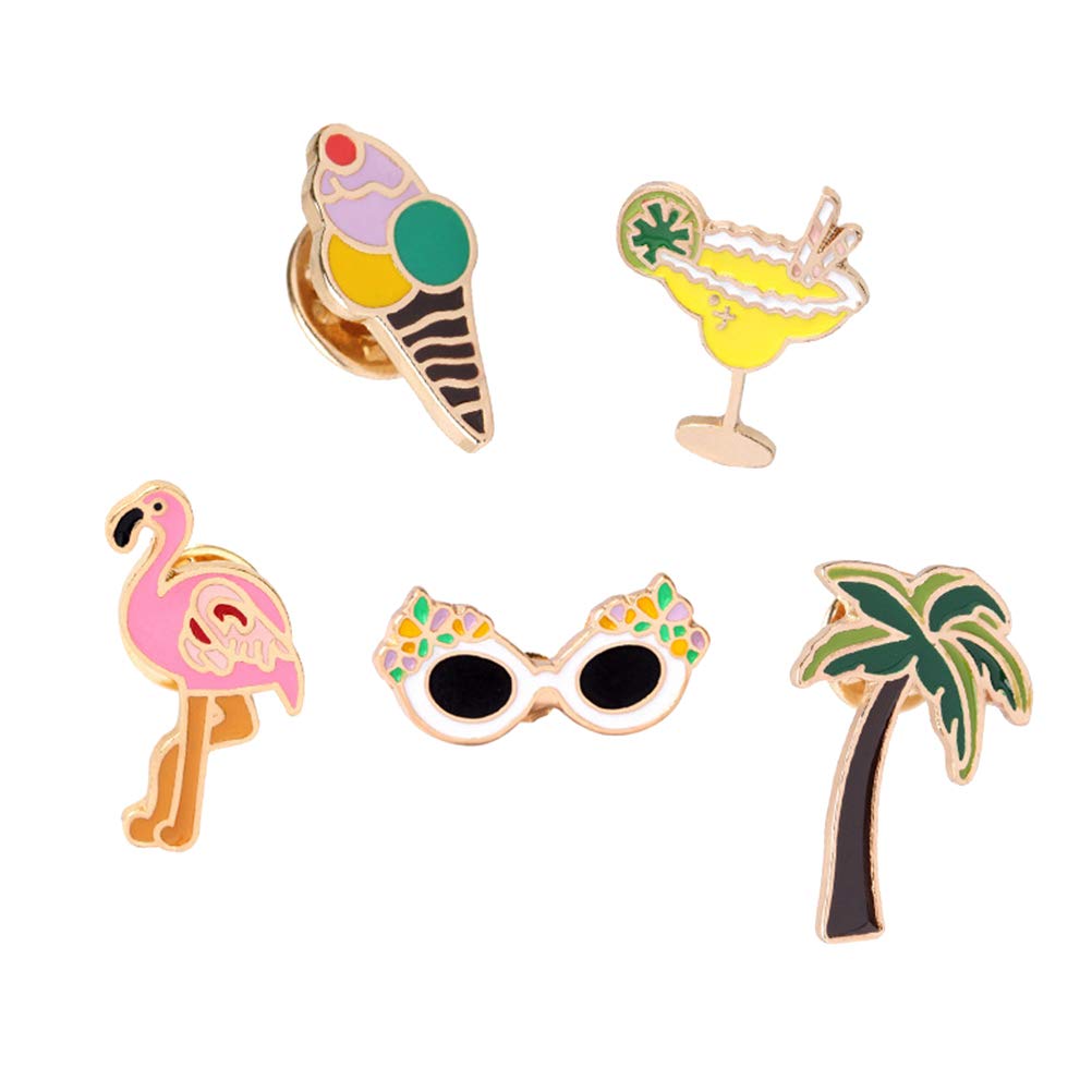 PRETYZOOM 5Pcs Cute Cartoon Enamel Lapel Pins Set - Flamingo, Coconut Tree & Lemon Brooches for Clothes, Bags, Jackets & Hats | DIY Fashion Accessories for Women & Teens | Perfect for School, Work & Casual Outfits
