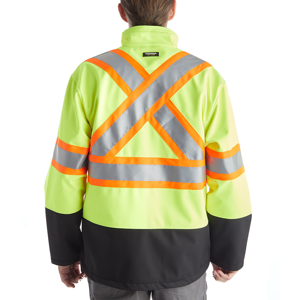 Terra High Visibility Softshell Work Jacket - ANSI Certified Yellow Safety Jacket for Construction & Outdoor Work - Waterproof & Windproof Reflective Workwear for Men